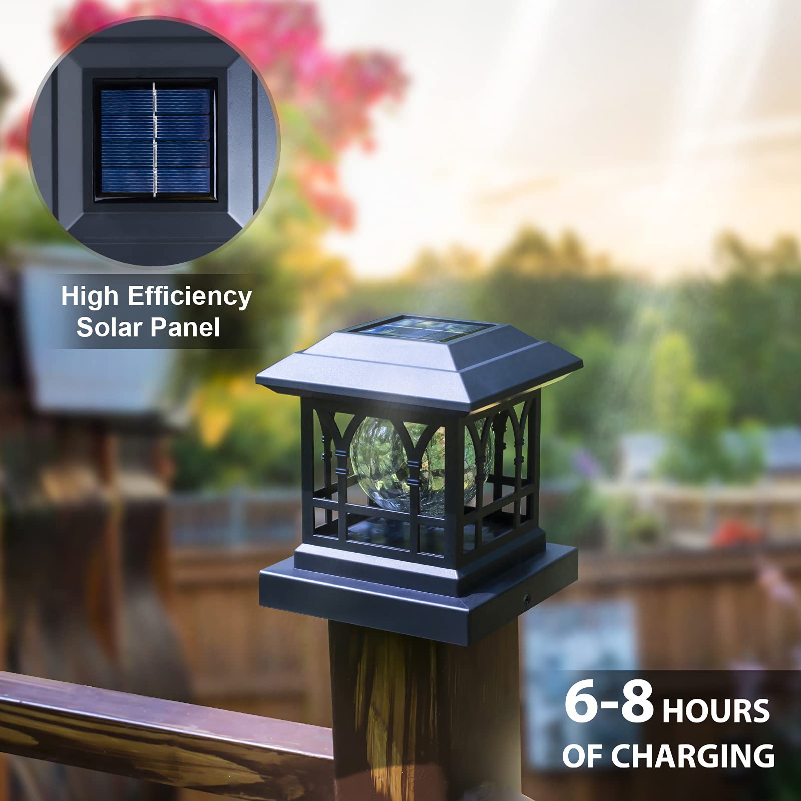 AEFRELEOHT Solar Post Cap Lights, Warm White & RGB Automatic Cycling, Cracked Glass Bulb, 20 Lumens lP65 Waterproof Fit 3.6x3.6 4x4 4.5x4.5 5x5 Wood Fence Post Solar Powered Lights Black (1 Pack)