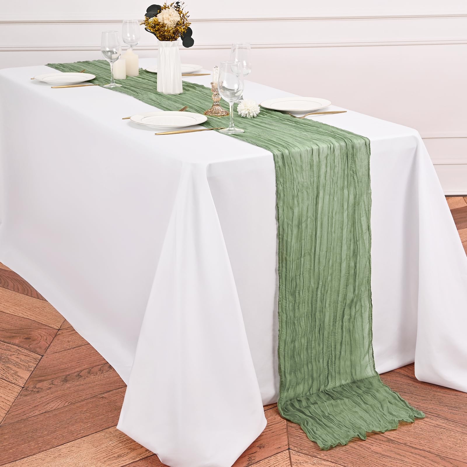 12 Pack Sage Green Table Runner 10Ft Cheesecloth Table Runner Rustic Gauze Table Runners Romantic Long Sage Sheer Fabric Cheese Cloth Table Runners for Wedding Party Bridal Baby Shower