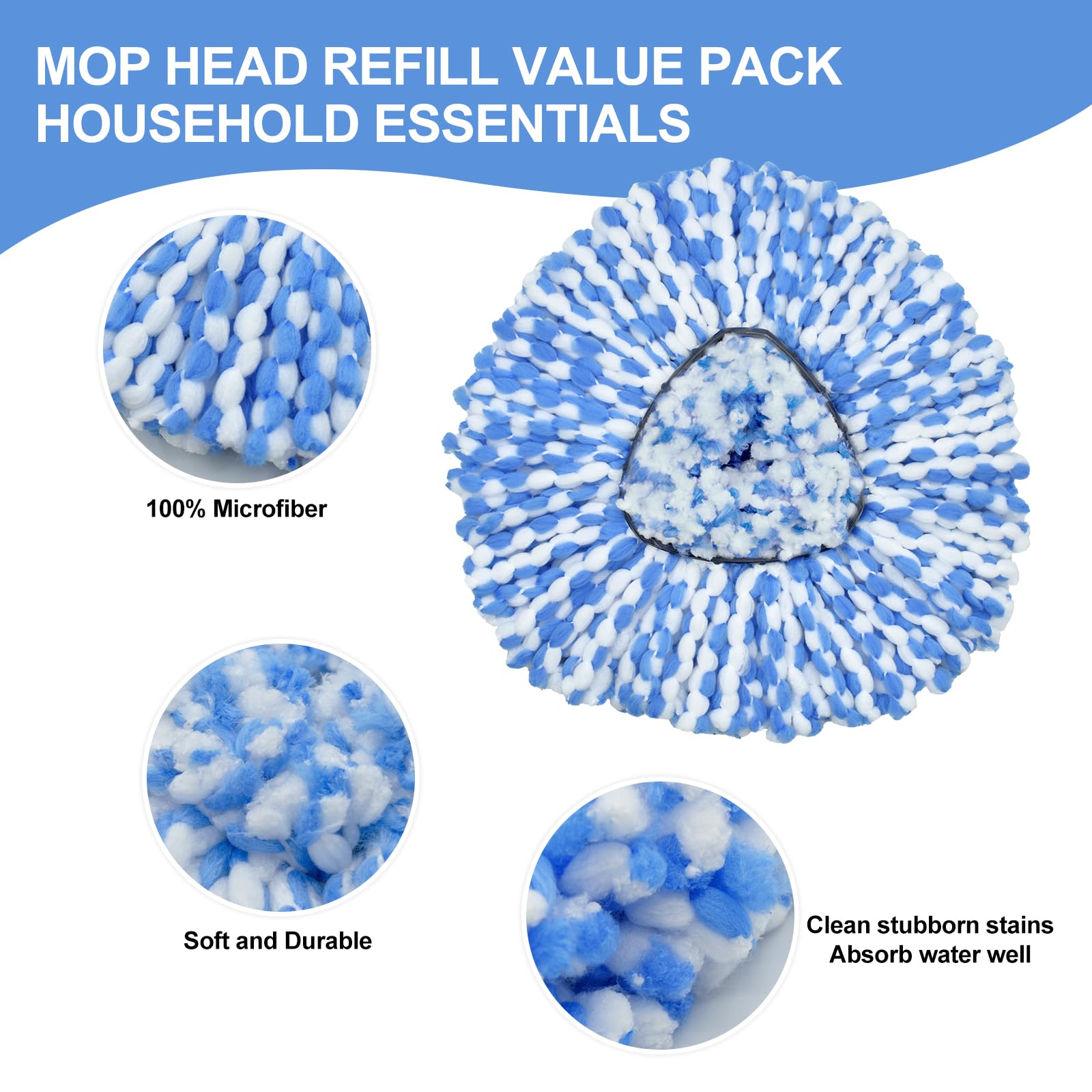 Spin Mop Replace Head, Mop Handle and Base Compatible with Vileda RinseClean 2-Tank System, 3 Mop Replacement Head, 4-Section Sturdy Iron 30-58in Mop Handle and 1 Triangle Mop Head Cover Combo Set