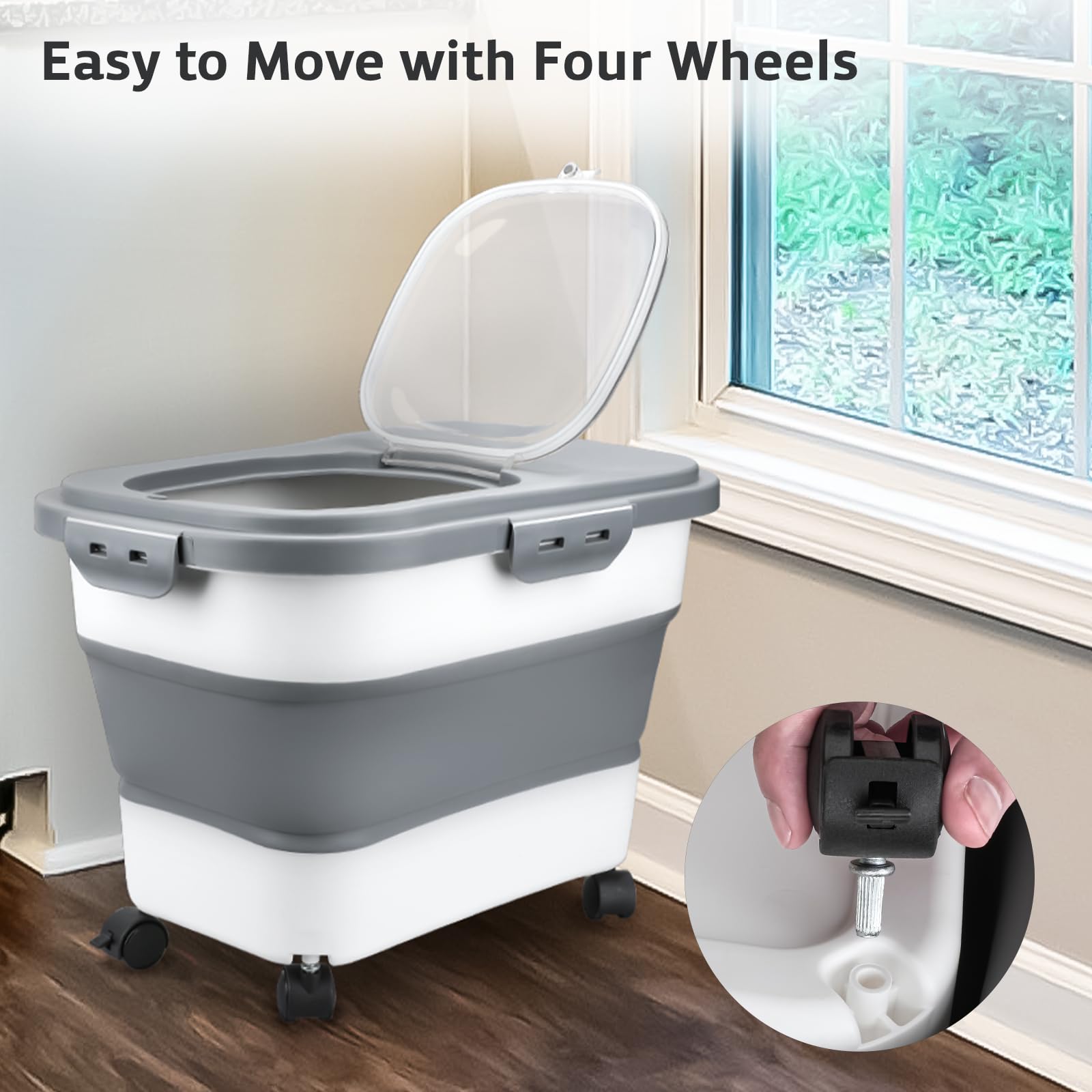 Komzon Rice Storage Containers, Collapsible 10 to 30Lbs Food Storage Bin Dispenser with Rolling Wheel and Clear Airtight Lid, BPA Free Flour, Sugar, Cereal and Dog Cat Pet food Containers