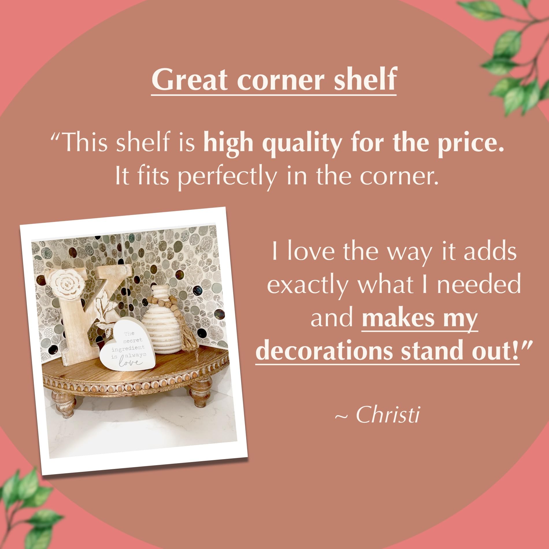 Farmhouse Corner Shelf Stand [with Removable Feet] - Bathroom Countertop Organizer, Decorative Tray Riser, Beaded Wooden Tray, Corner Tray Plant Stand, Coffee Bar Organizer for Kitchen Countertop