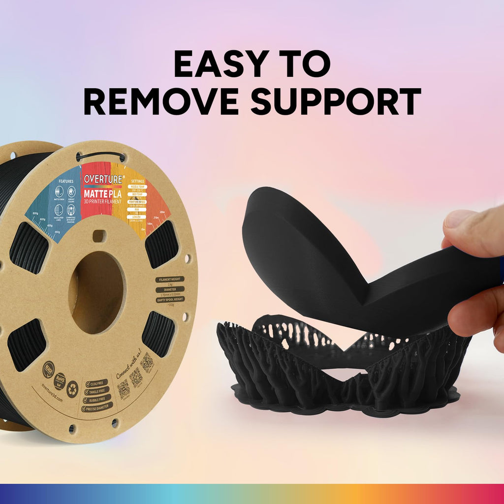 OVERTURE Matte PLA 3D Printer Filament 1.75mm, Matt Surface & Low Warping Filament 1kg Spool (2.2 lbs), Accuracy +/- 0.02 mm, Fit Most FDM Printers (Matte Black)