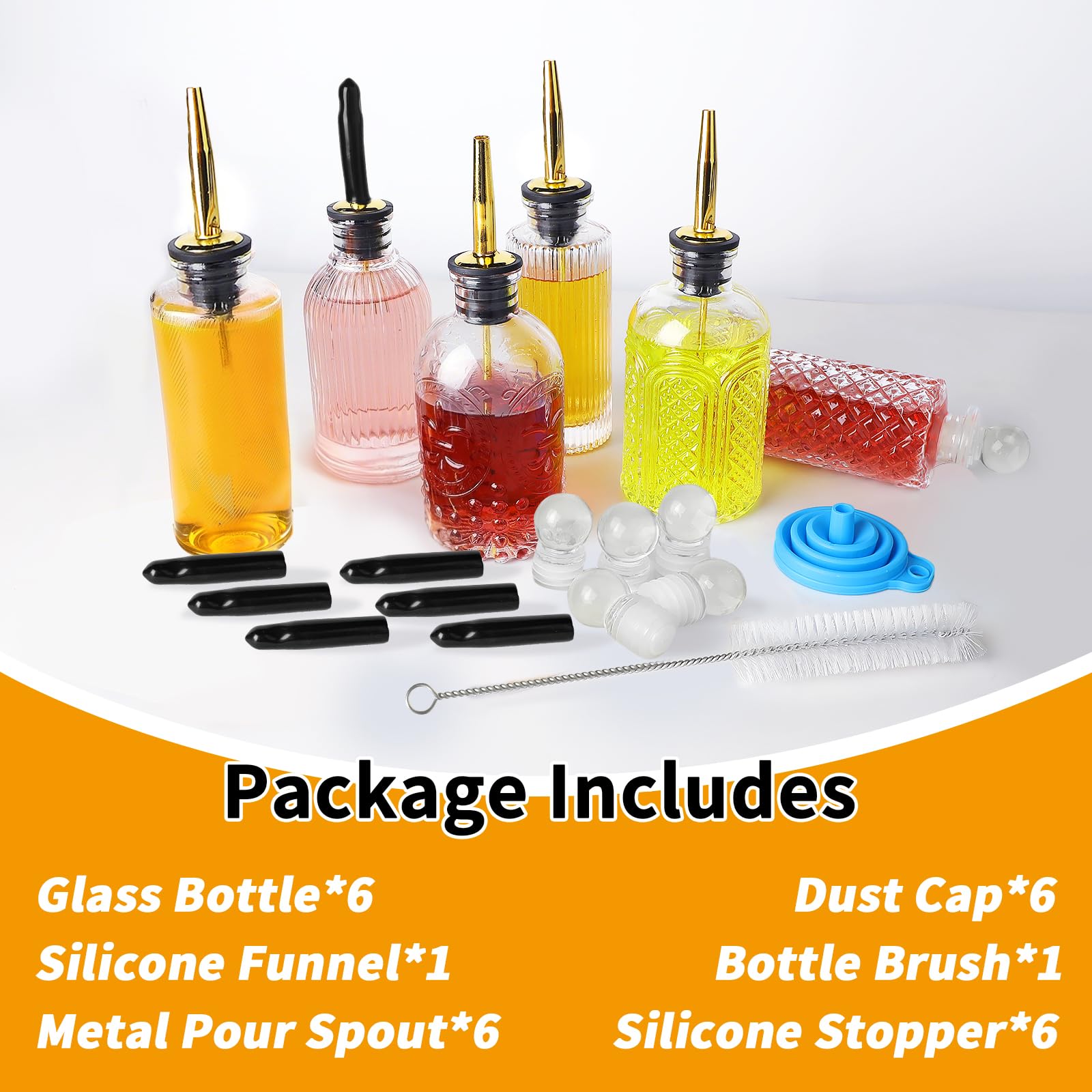 INFTYLE Coffee Syrup Dispenser Olive Oil and Vinegar Glass Bottle Set of 6 Ideal for Kitchen, Coffee Bar, Clear Simple Small Syrup Bottles, with Leak-Proof Lids, Pour Spout, Glass Stopper