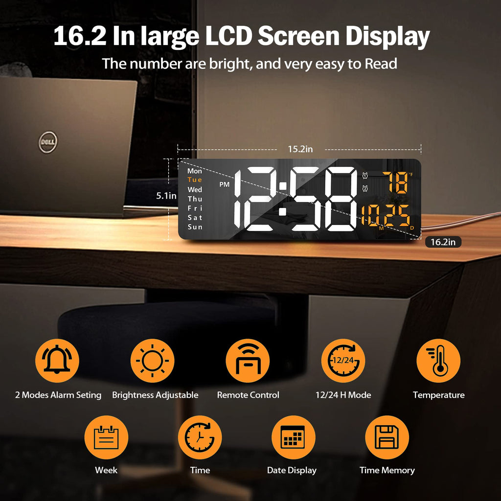 Lantoo 16.2" Large Digital Wall Clock with Remote Control, Dual Alarm, 10-Level Auto Dimmer, LED Clock with Date, Temperature (℃/℉) & Weekday, 12/24H Silent Wall Clock