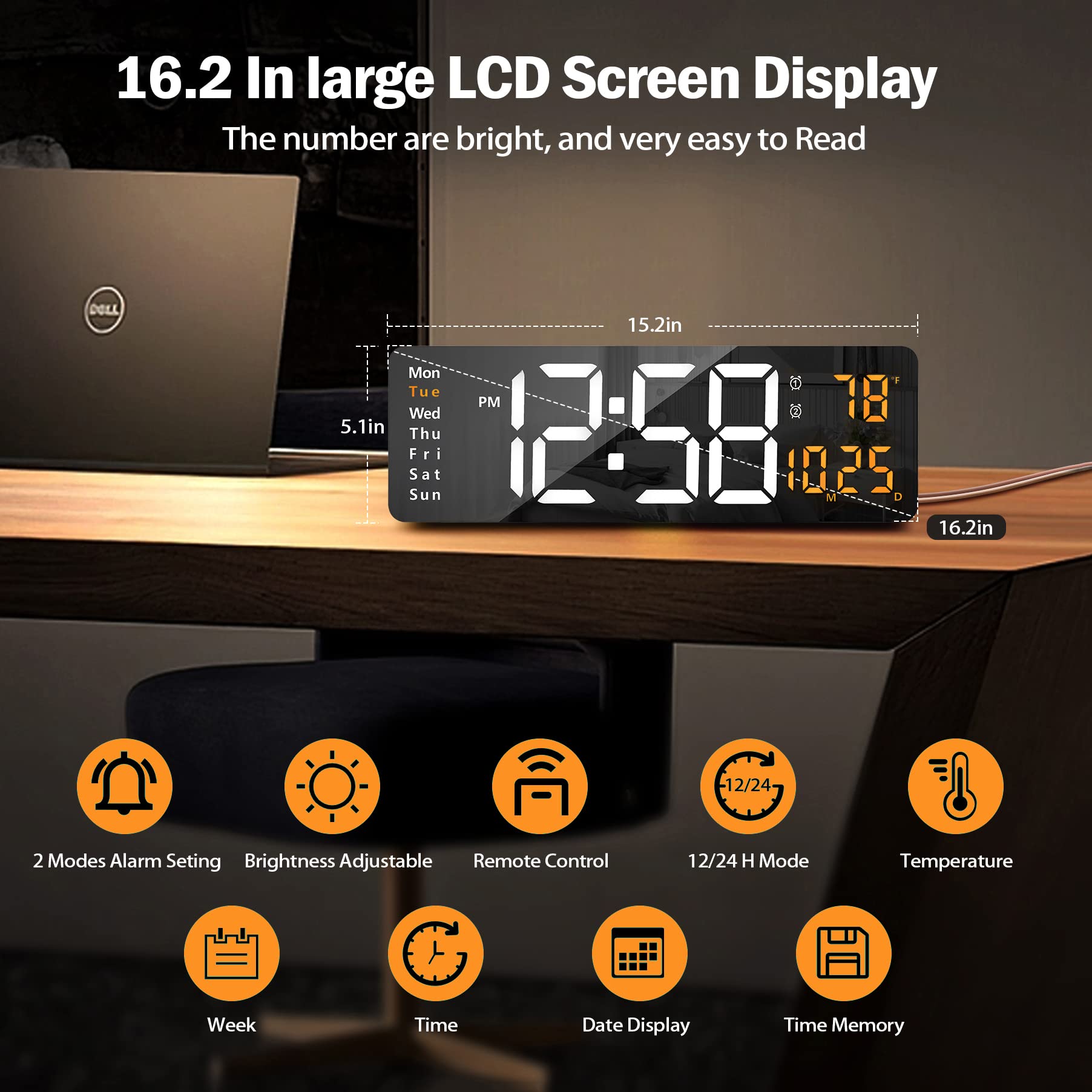 Lantoo 16.2" Large Digital Wall Clock with Remote Control, Dual Alarm, 10-Level Auto Dimmer, LED Clock with Date, Temperature (℃/℉) & Weekday, 12/24H Silent Wall Clock