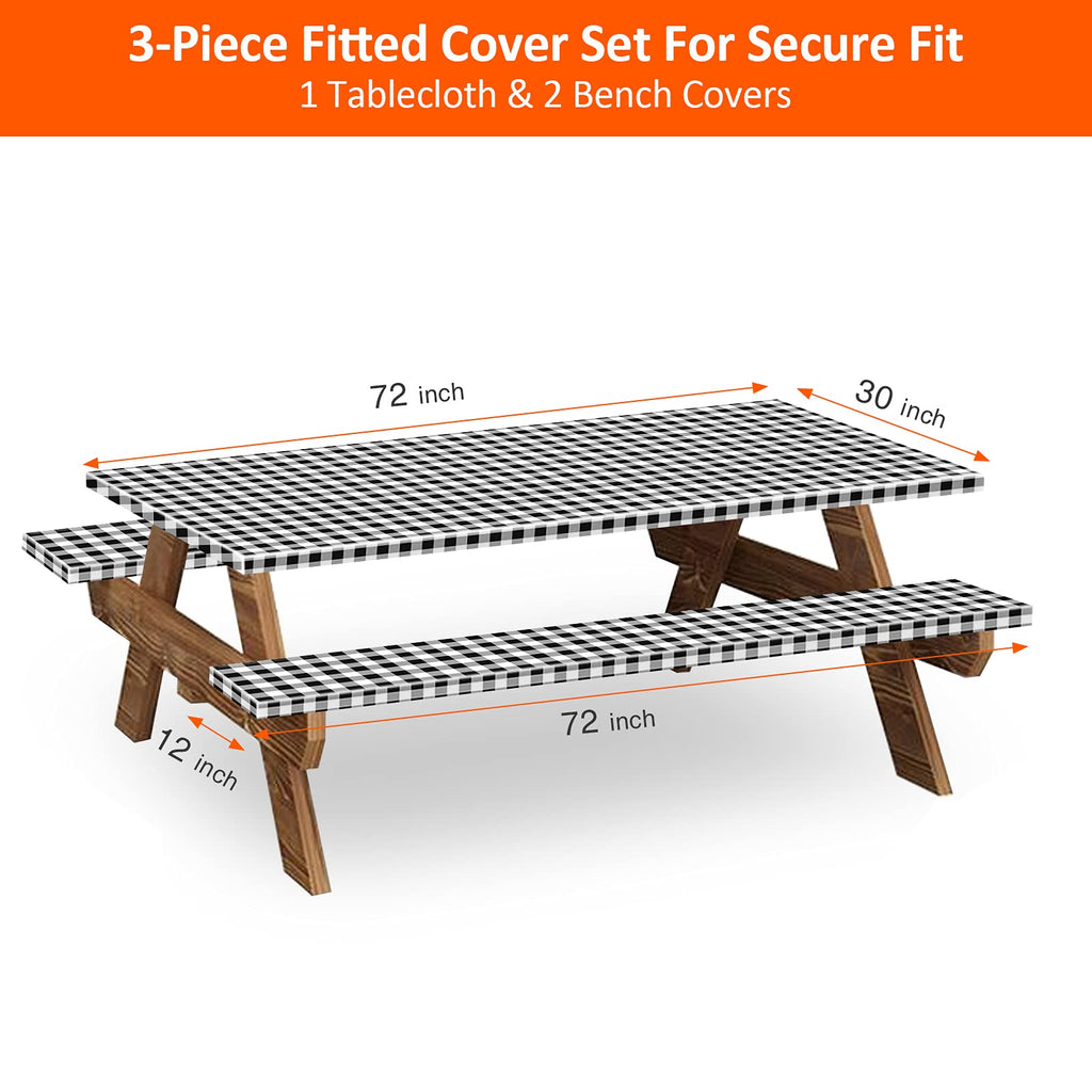 KENOBEE 6ft Picnic Table and Bench Cover, Camping Essentials RV Gear, 72in Waterproof Windproof Outdoor Elastic All Around Tablecloth, Fitted Rectangle Tables and Seats, Black-White Checkered