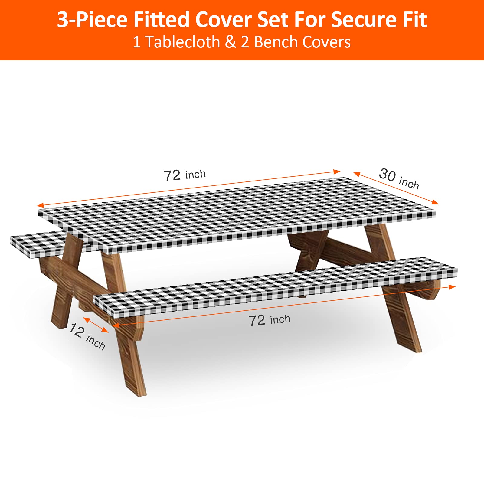 KENOBEE 6ft Picnic Table and Bench Cover, Camping Essentials RV Gear, 72in Waterproof Windproof Outdoor Elastic All Around Tablecloth, Fitted Rectangle Tables and Seats, Black-White Checkered