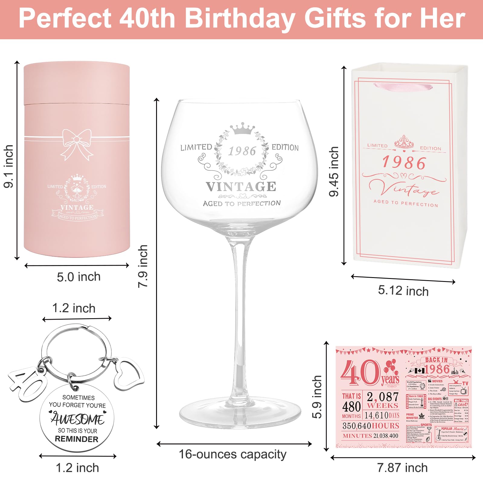 40th Birthday Gifts for Women,Vintage 1986 Platinum Print Wine Glass, 40th Birthday Decorations for Women, 1986 40 Year Old Gift Ideas for Her, Wife, Friends - 16Oz Wine Glass