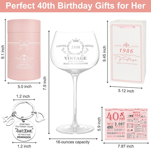 40th Birthday Gifts for Women,Vintage 1986 Platinum Print Wine Glass, 40th Birthday Decorations for Women, 1986 40 Year Old Gift Ideas for Her, Wife, Friends - 16Oz Wine Glass