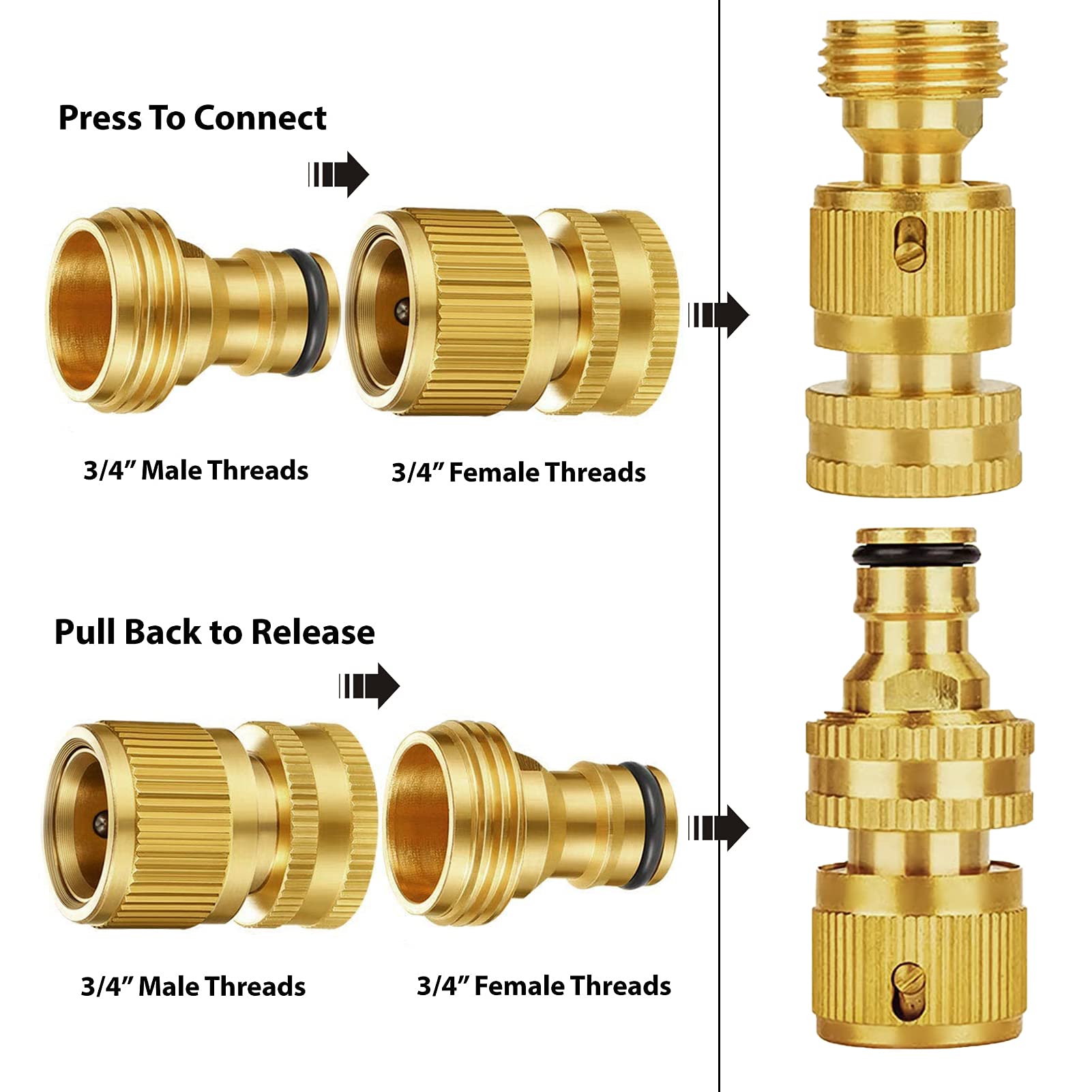 Garden Hose Quick Connectors, Solid Brass 3/4 inch GHT Thread Easy Connect Fittings No-Leak Water Hose Male Female Value Pack (5 Set) with 10pcs Extra Rubber