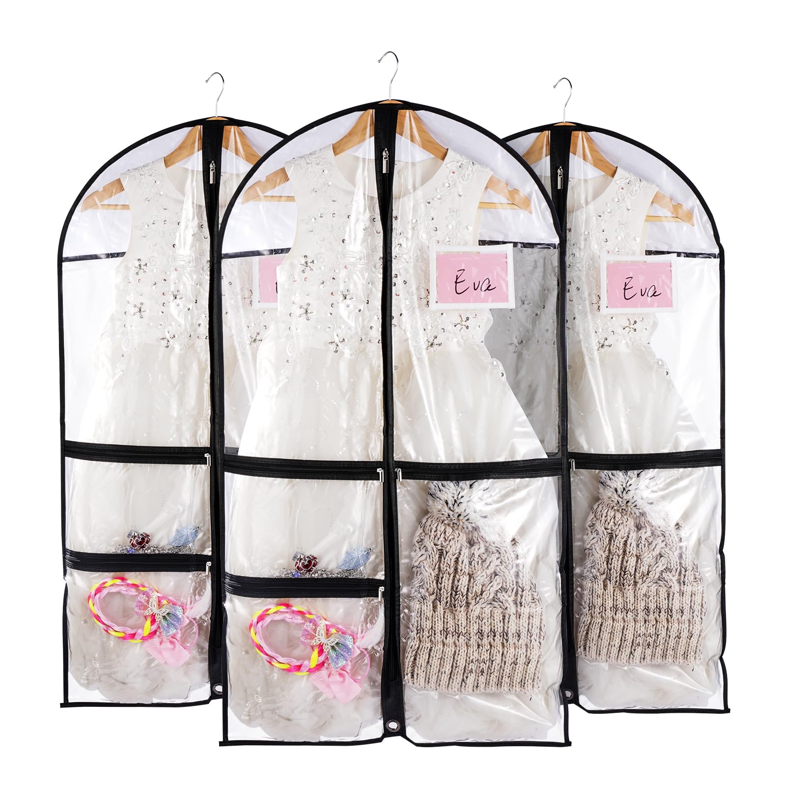 3pcs Clear Dance Garment Bags for Costumes Suits Coats with Zipper 38" Children Hanging Clothes Storage, Foldable Waterproof Dresses Cover Protector with ID Slot for Closet Travel Competitions