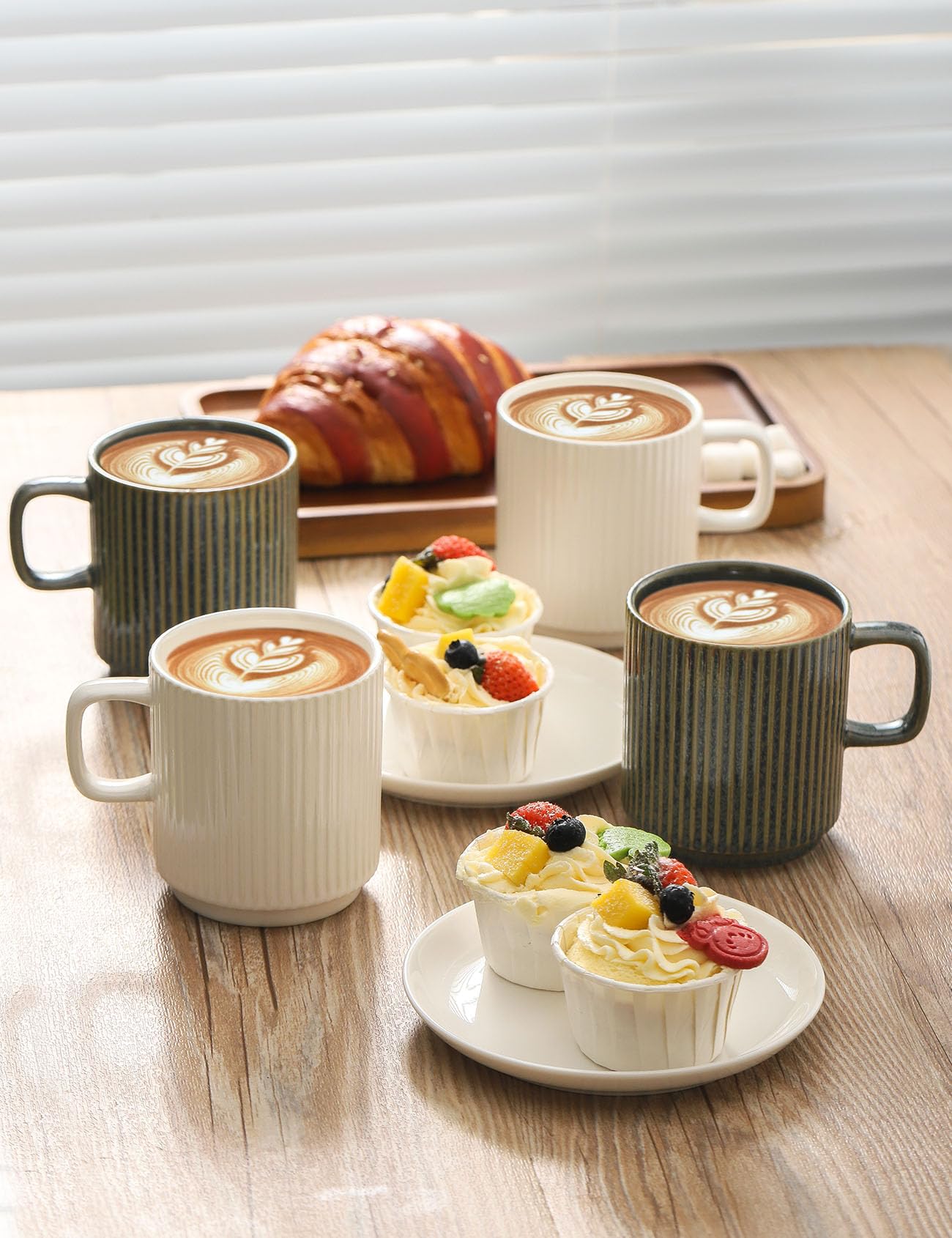 Seyatoo Coffee Mugs Set of 4, Ceramic Ribbed Tea Coffee Cups with Handle, Large Porcelain Mug for Americano, Latte, Cappuccino, Hot Chocolate, Green