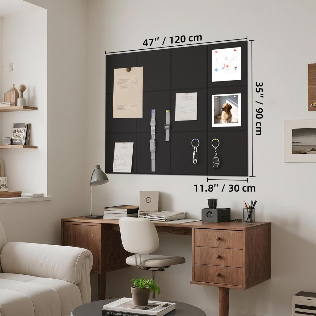 Duzzy Large Cork Board Bulletin Board with Felt, 48"x 36" Black Felt Board Tiles for Wall, Alternatives to Traditional Wood Frame, Self Adhesive for Home Office School (12pc, Black