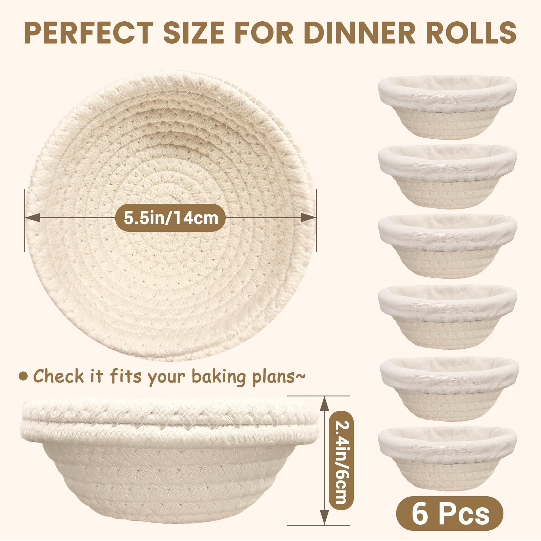 Mini Banneton Proofing Basket (5.5'', Set of 6), Natural Cotton Rope Small Banneton Basket & Liner, Sourdough Proofing Basket for Bread Bowls & Small Loaves
