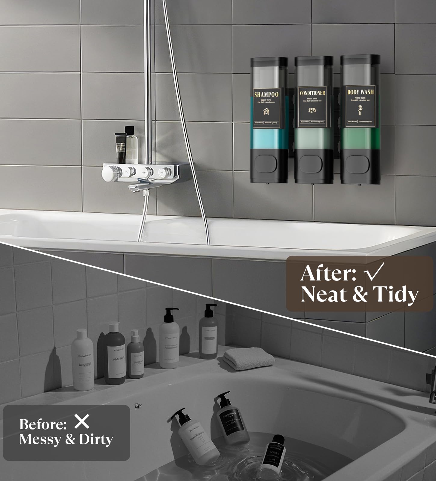 Luxspire Shampoo and Conditioner Dispenser, No Drill Wall Mounted Shower Soap Dispenser 3 Chamber with Waterproof Labels, Easy Refill Soap Dispenser for Bathroom Hotel Kitchen, Black