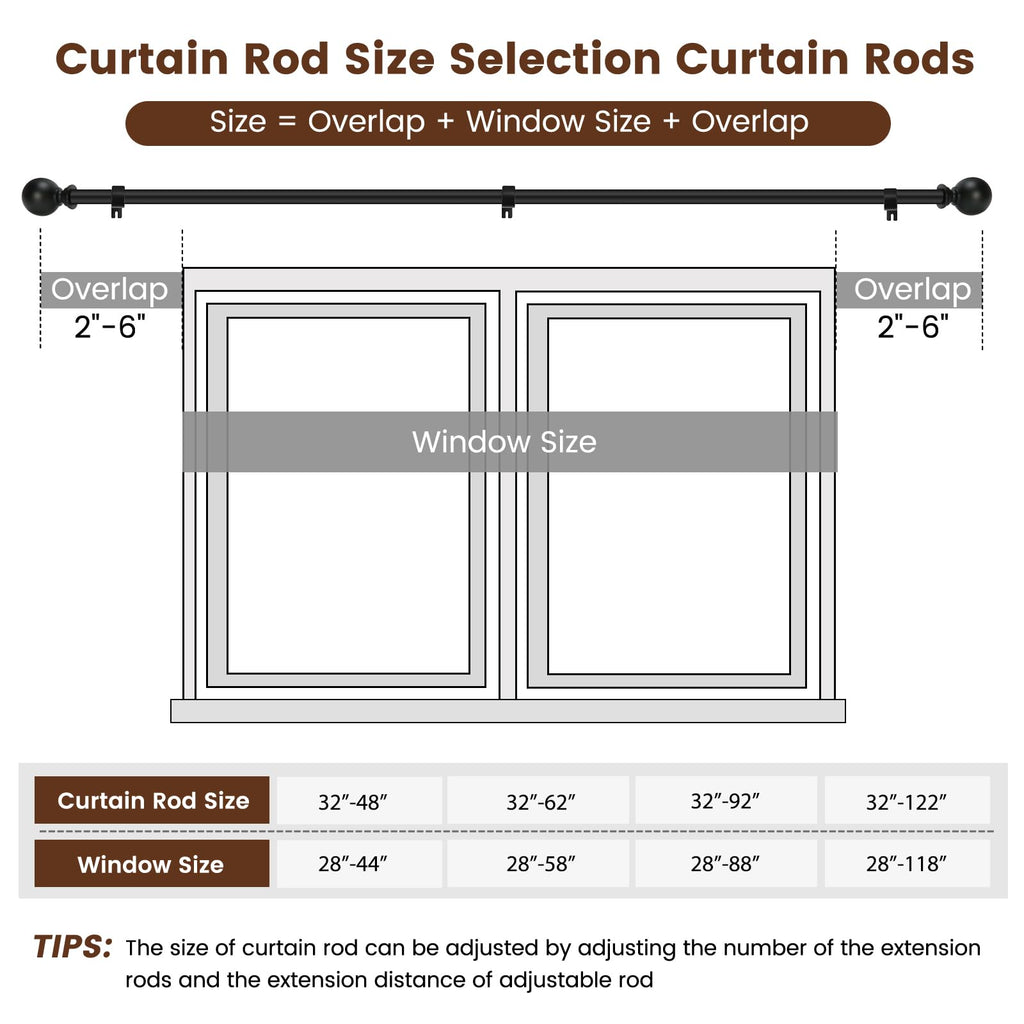 2 Pack Curtain rod for Windows 48 to 84 Inch, 5/8 Inch Small Matte Black Outdoor adjustable Curtain Rods with brackets for Bedroom, Bathroom, Living room, Kitchen, Patio, cafe