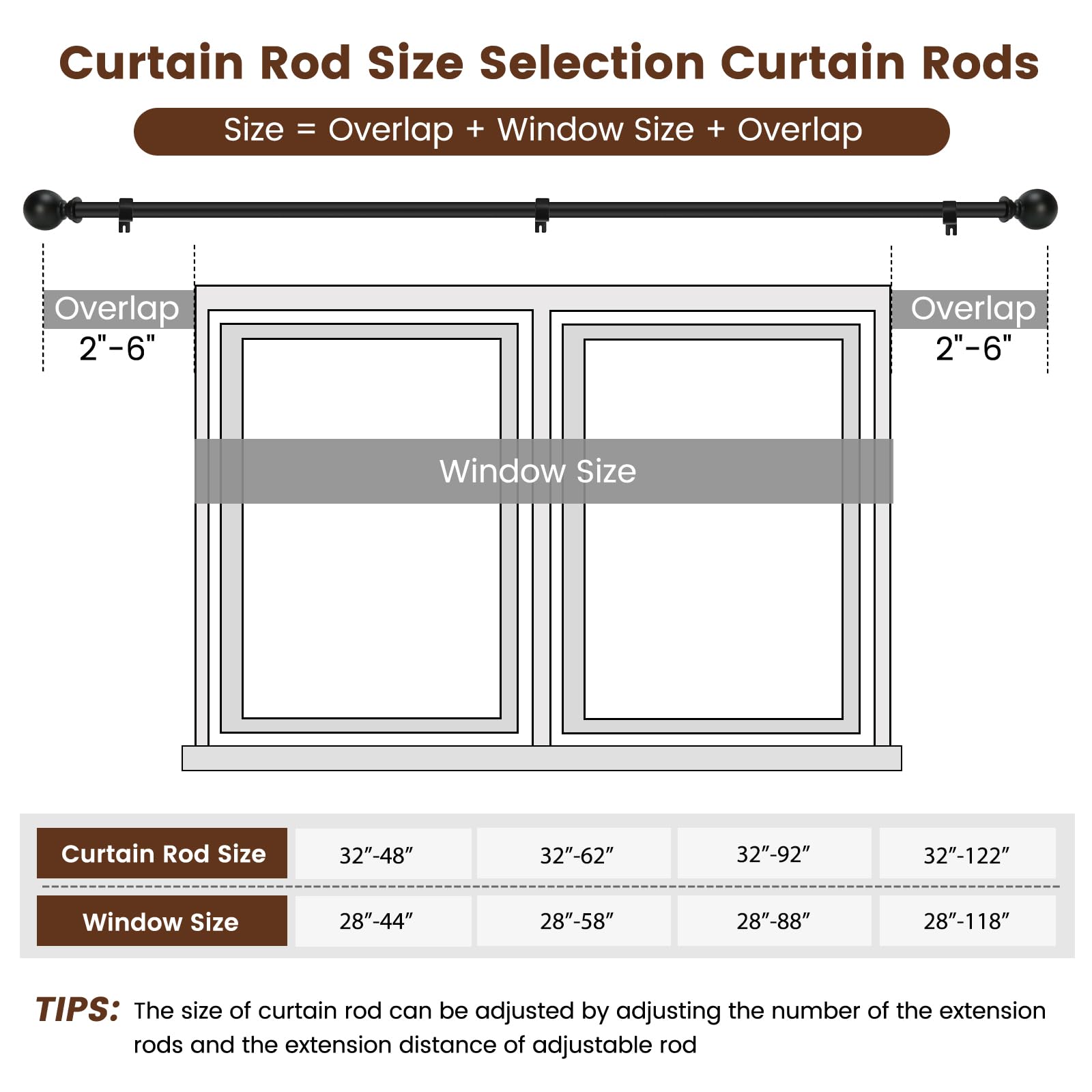 2 Pack Curtain rod for Windows 48 to 84 Inch, 5/8 Inch Small Matte Black Outdoor adjustable Curtain Rods with brackets for Bedroom, Bathroom, Living room, Kitchen, Patio, cafe