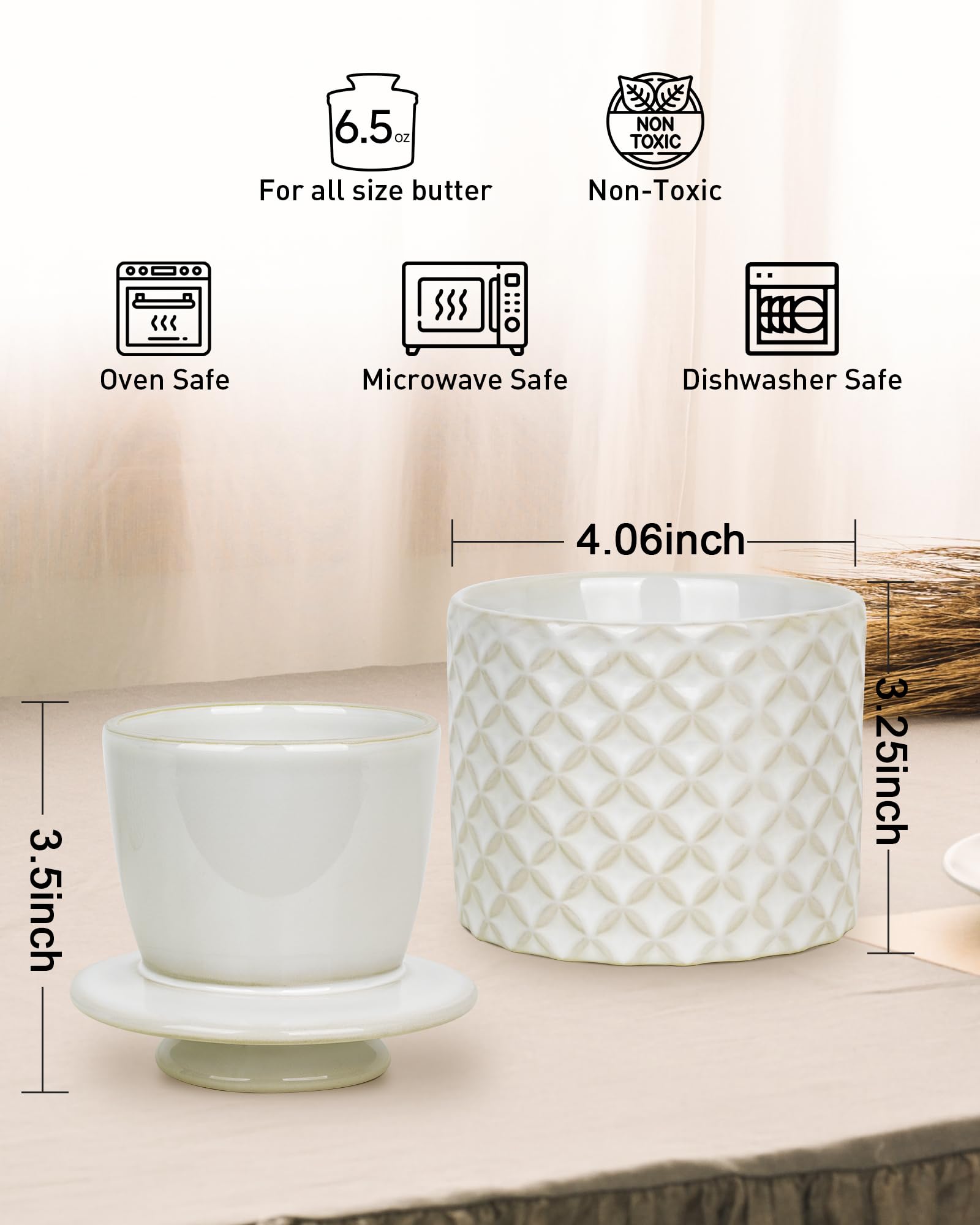 French Butter Crock, Ceramic Butter Dish with Lid, Water-Sealed Butter Keeper Keeps Butter Soft & Spreadable, Kiln Weave White, Housewarming Gift, 8 oz (250g)