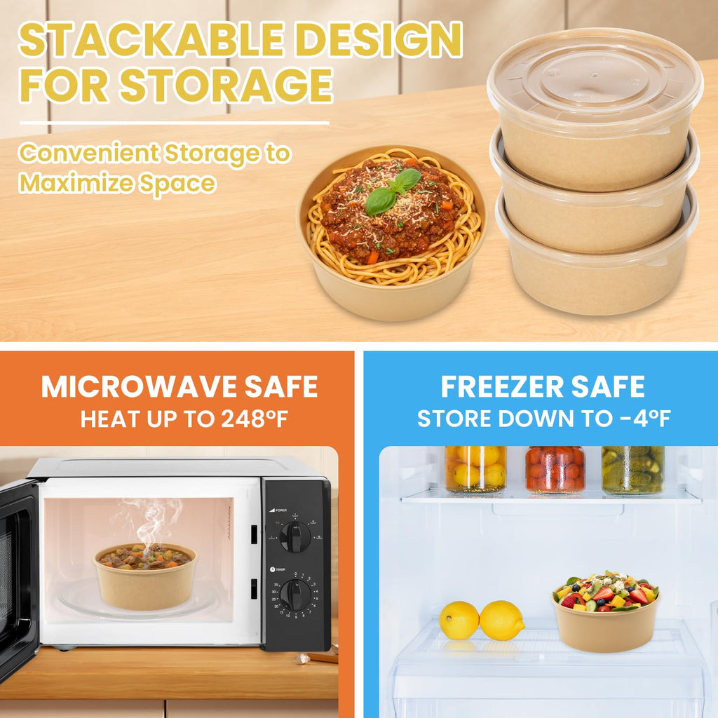 50 Count 36 oz Large Disposable Paper Bowls with Lids, Salad Containers for Lunch, Paper Meal Prep Containers for Hot & Cold Food, Soup, Ramen, Salad