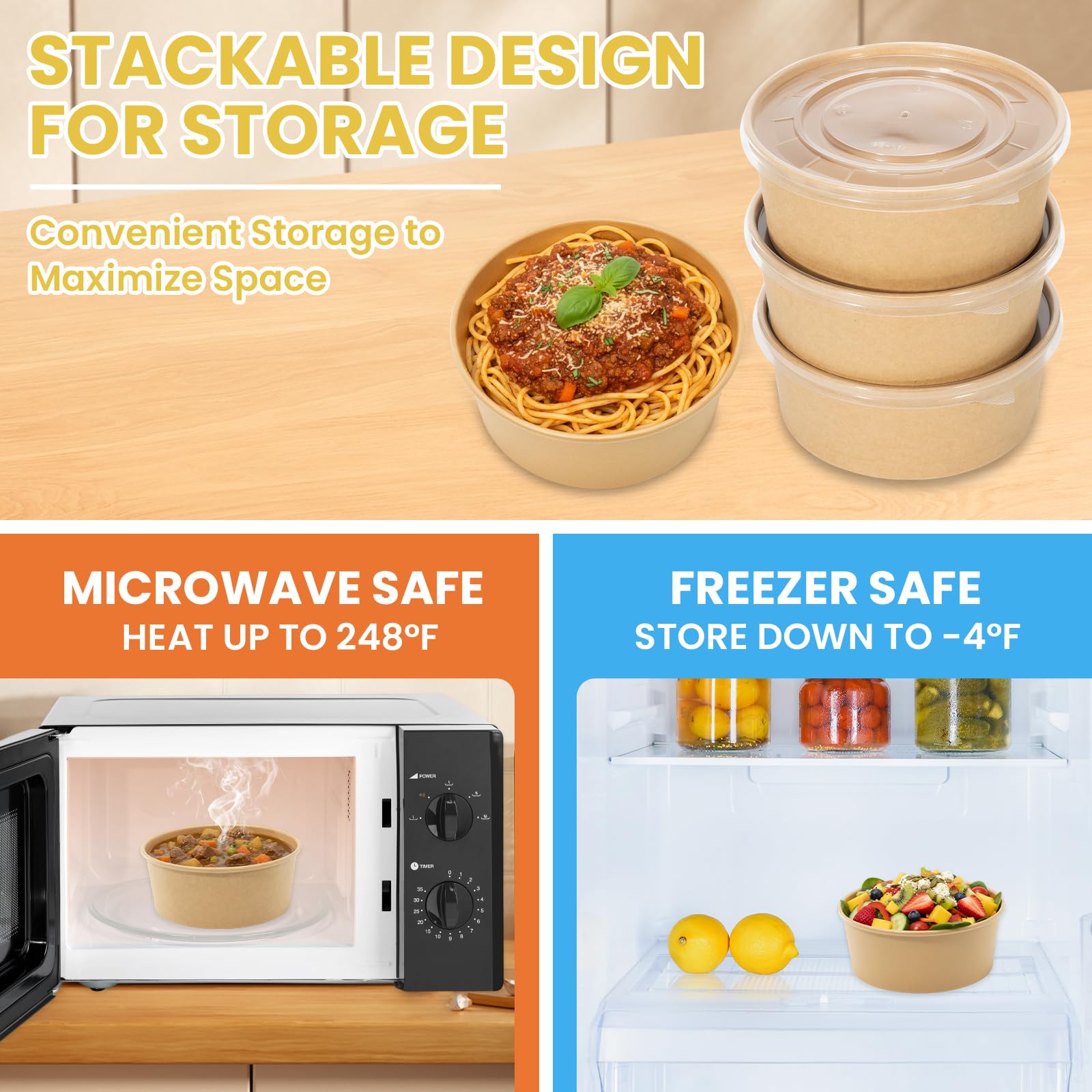50 Count 36 oz Large Disposable Paper Bowls with Lids, Salad Containers for Lunch, Paper Meal Prep Containers for Hot & Cold Food, Soup, Ramen, Salad