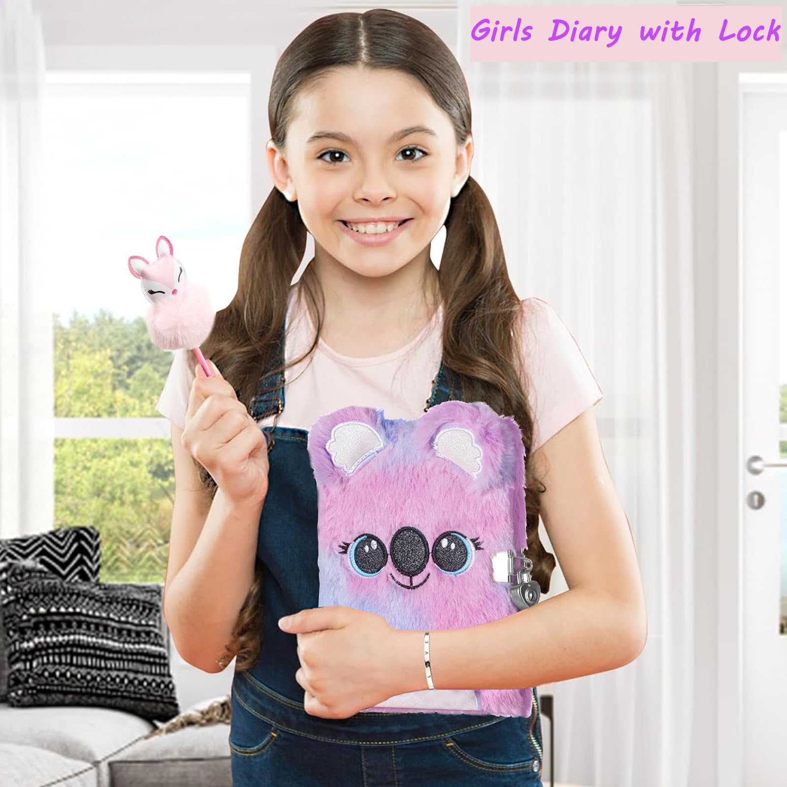 Girls Diary with Lock,Gifts for 7 8 9 10 11 12 Year Old Girls Journal for Kids with Bookmarks Sticky Notes Pom Pom Pen Notebook for Writing and Drawing