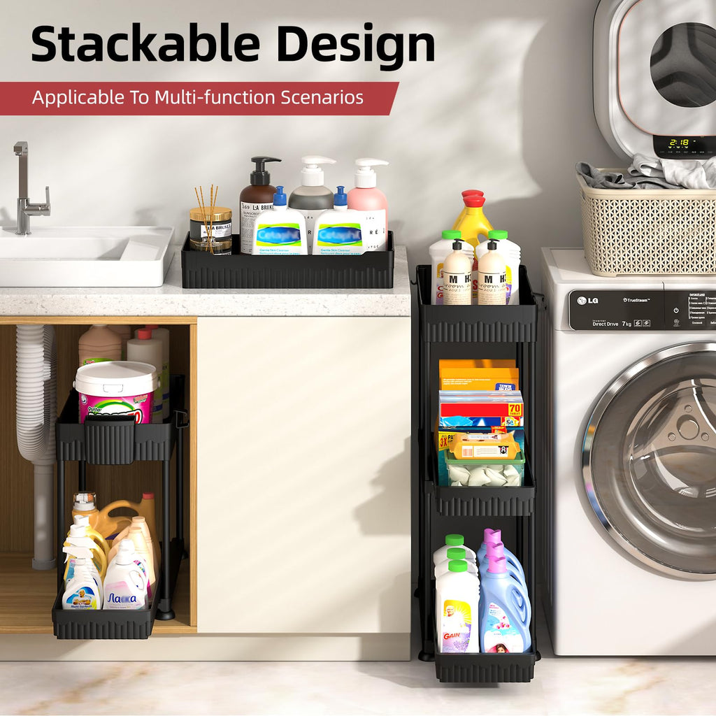 Sevenblue 4 Pack Under Sink Organizer and Storage,Bathroom Organizers, Multi-Use Under Sink Organizer for Bathroom and Kitchen with Sliding Drawer, Hang Hooks and Cups(Black,4 Pack)