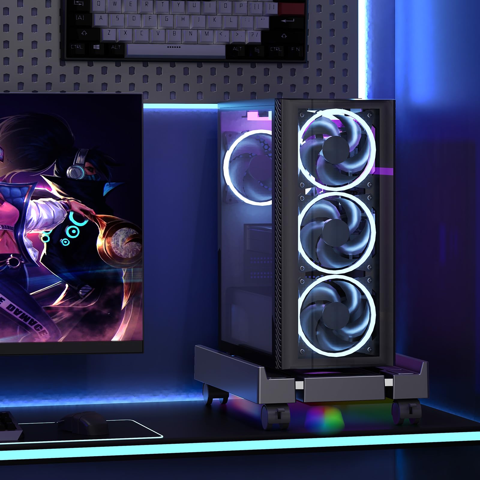 Adjustable Computer Tower Stand with Cooler Fan and Light, PC Stand for Floor, Mobile CPU Holder with 4 Caster Wheels Fits Most PC Tower, Under Desk CPU Holder for Office, Gamers and Students