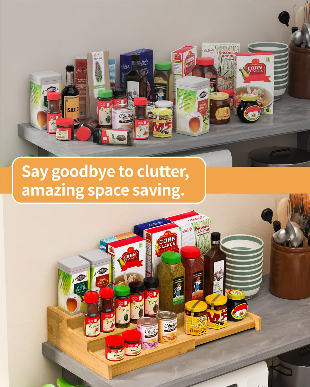 3-Tier Expandable Bamboo Spice Rack Organizer for Kitchen Cabinet & Pantry - Adjustable Wooden Storage Shelf, Countertop or Drawer Spice Rack for Canadian Kitchen