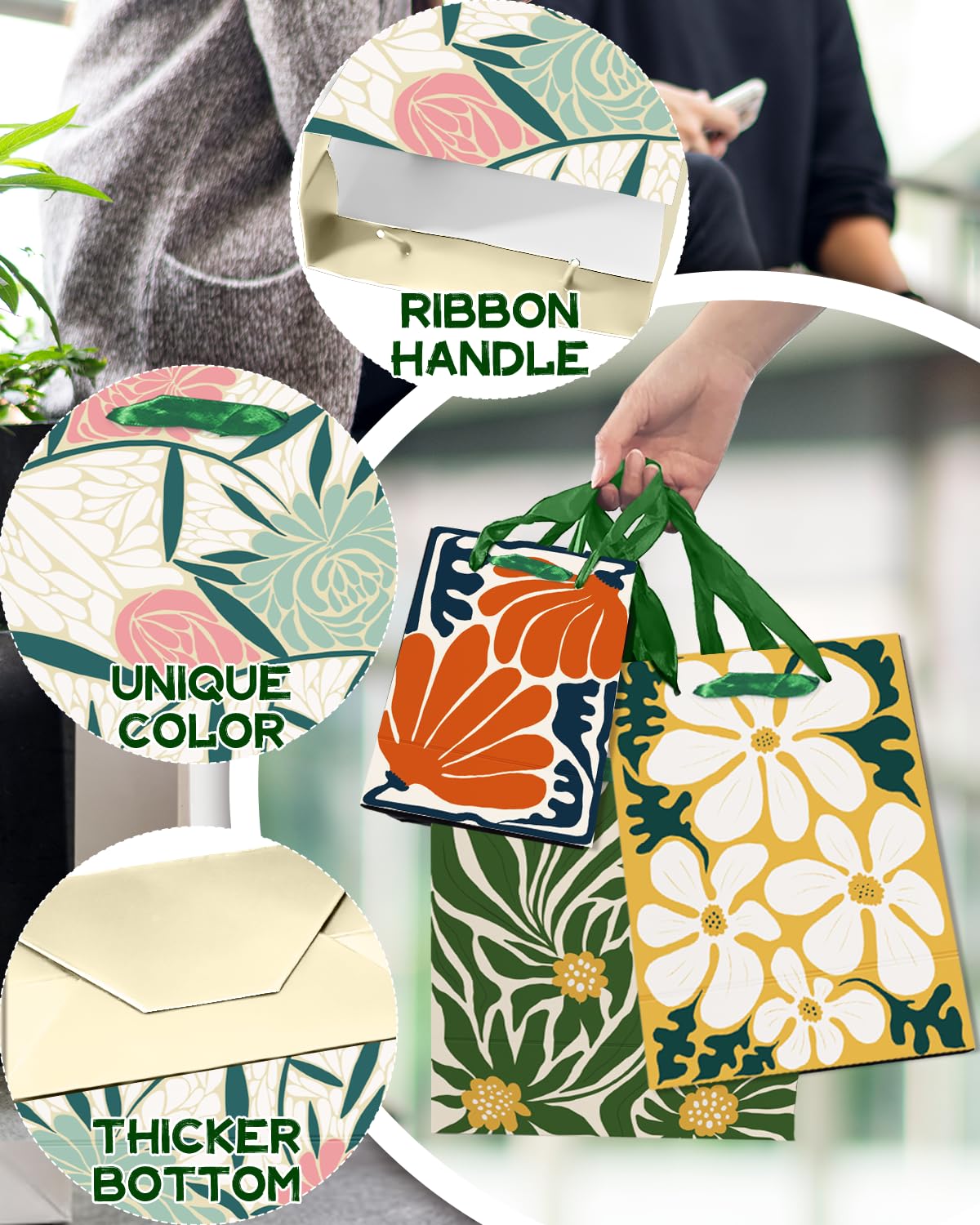 qiqee Clash Flowers Gift Bags with Tissue Paper Mulit Assorted Sizes 10PCS Present Party Favor Birthday Bags(2pcs Large 13", 4pcs Medium 9", 4pcs Small 6", Tissue Paper)