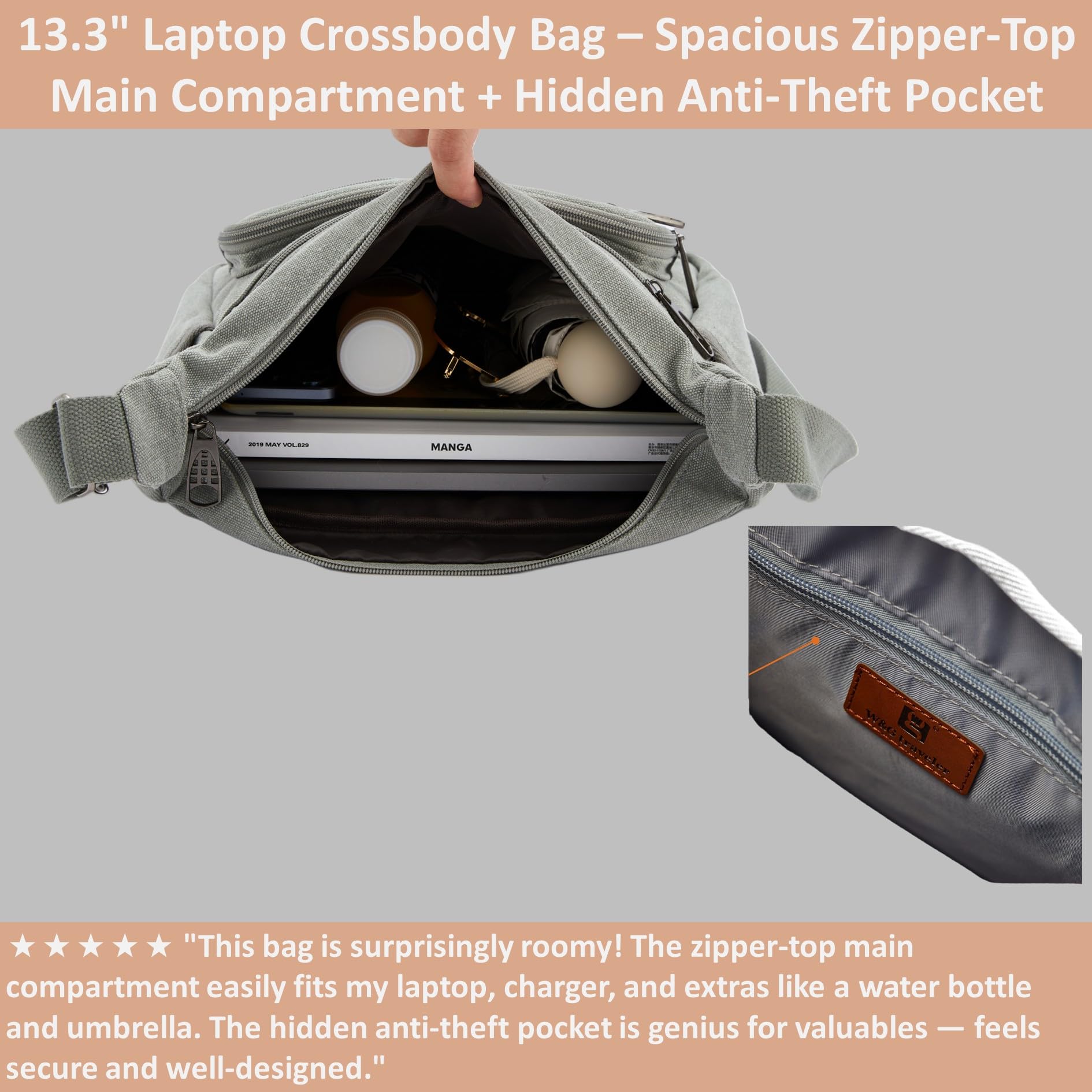 Anti-theft Rfid Crossbody Bag, Messenger Work Bag with Water Bottle Holders, 13 inch Shoulder Laptop Bag W/Built-in Wallet for Work, Travel, Tool, Commute, Camera, Grey