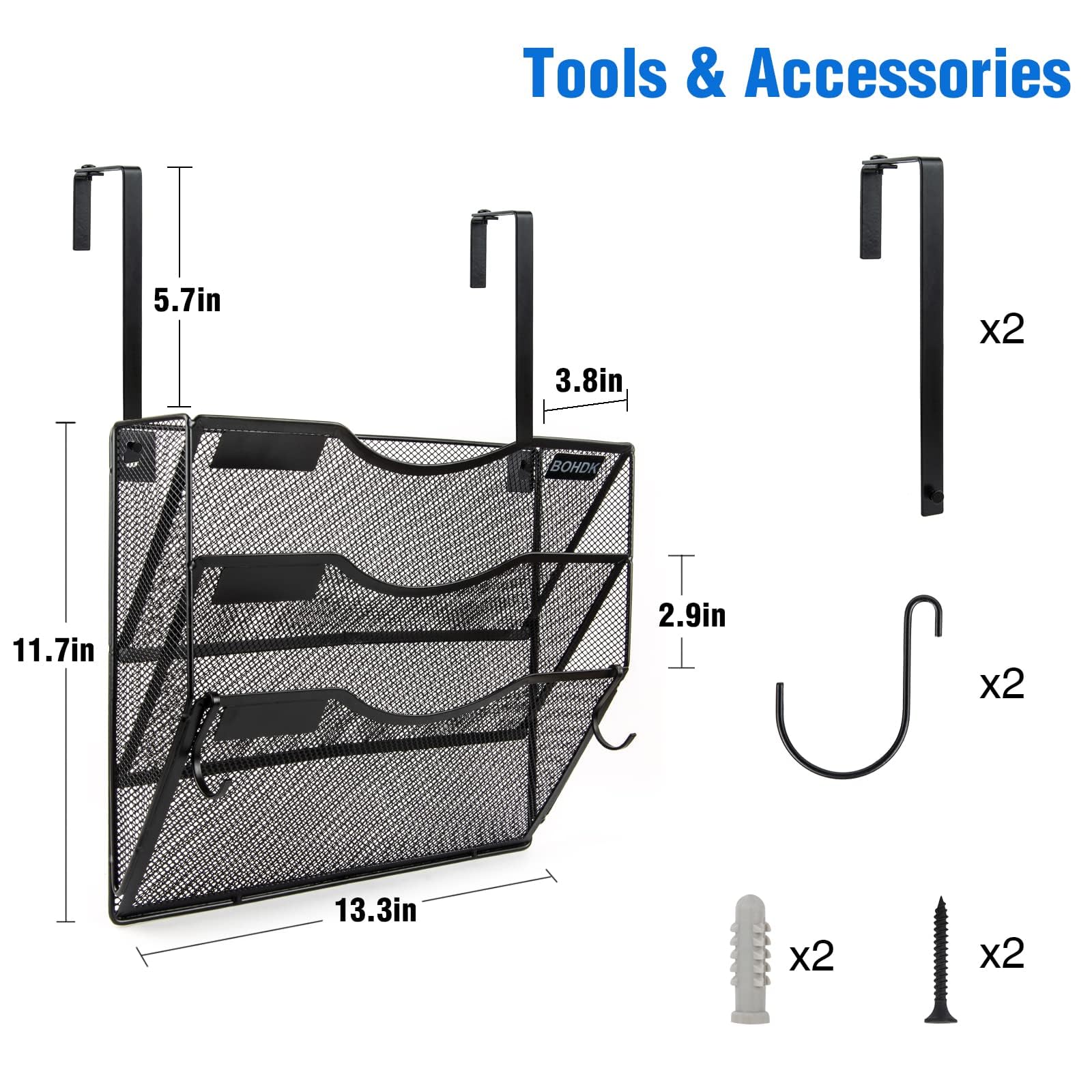Wall File Organizer, 3 Tire Hanging File Folder Mail Organizer, Vertical Mesh Metal Door/Wall Mount Hanging File Holder, Paper Document Magazine Rack with Hooks for Home Office Black