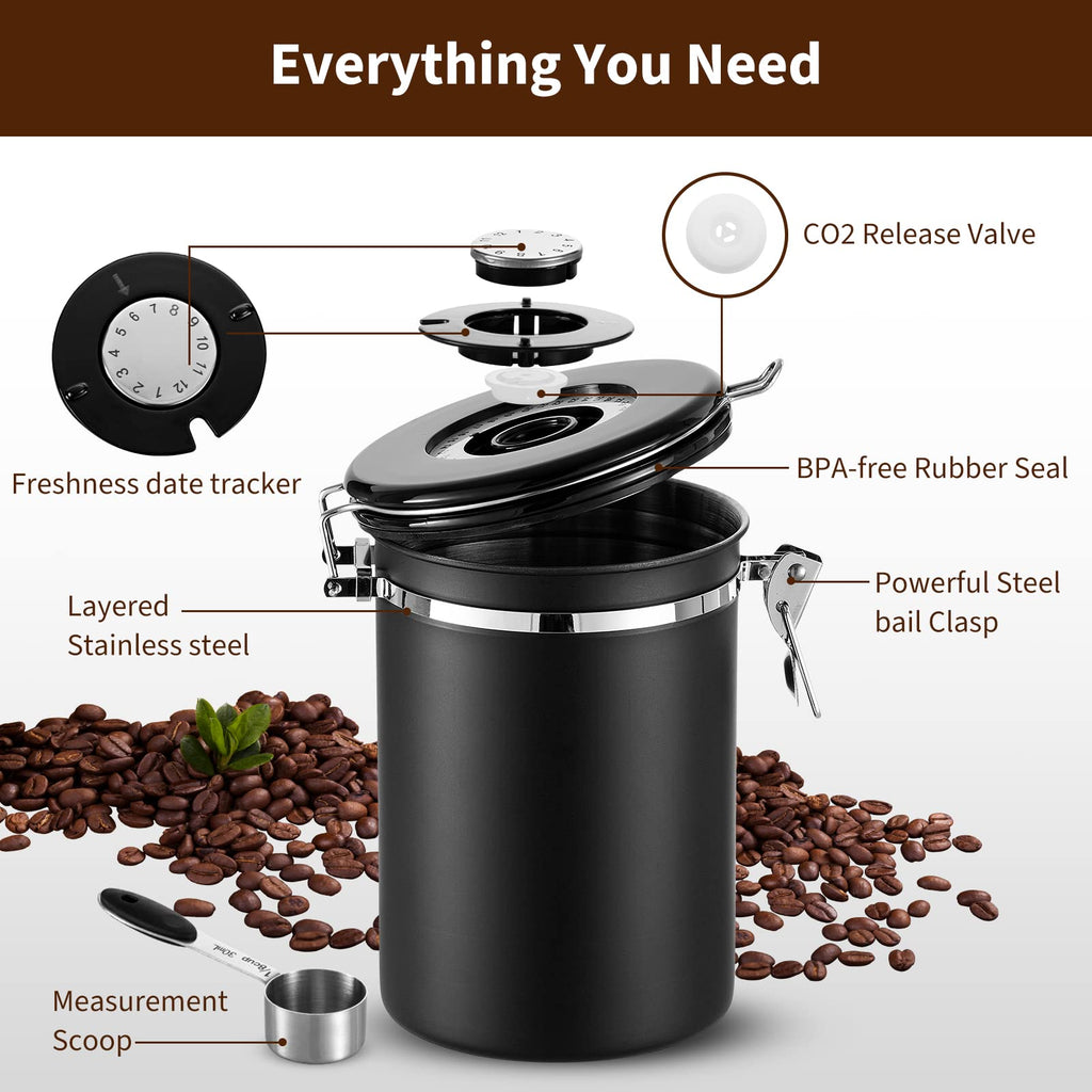 Airtight Coffee Canister, Stainless Steel Coffee Beans and Grounds Storage Container with Date Tracker, Scoop, 6Pcs CO2 Valves, for Beans, Grounds, Tea, Sugar, Black