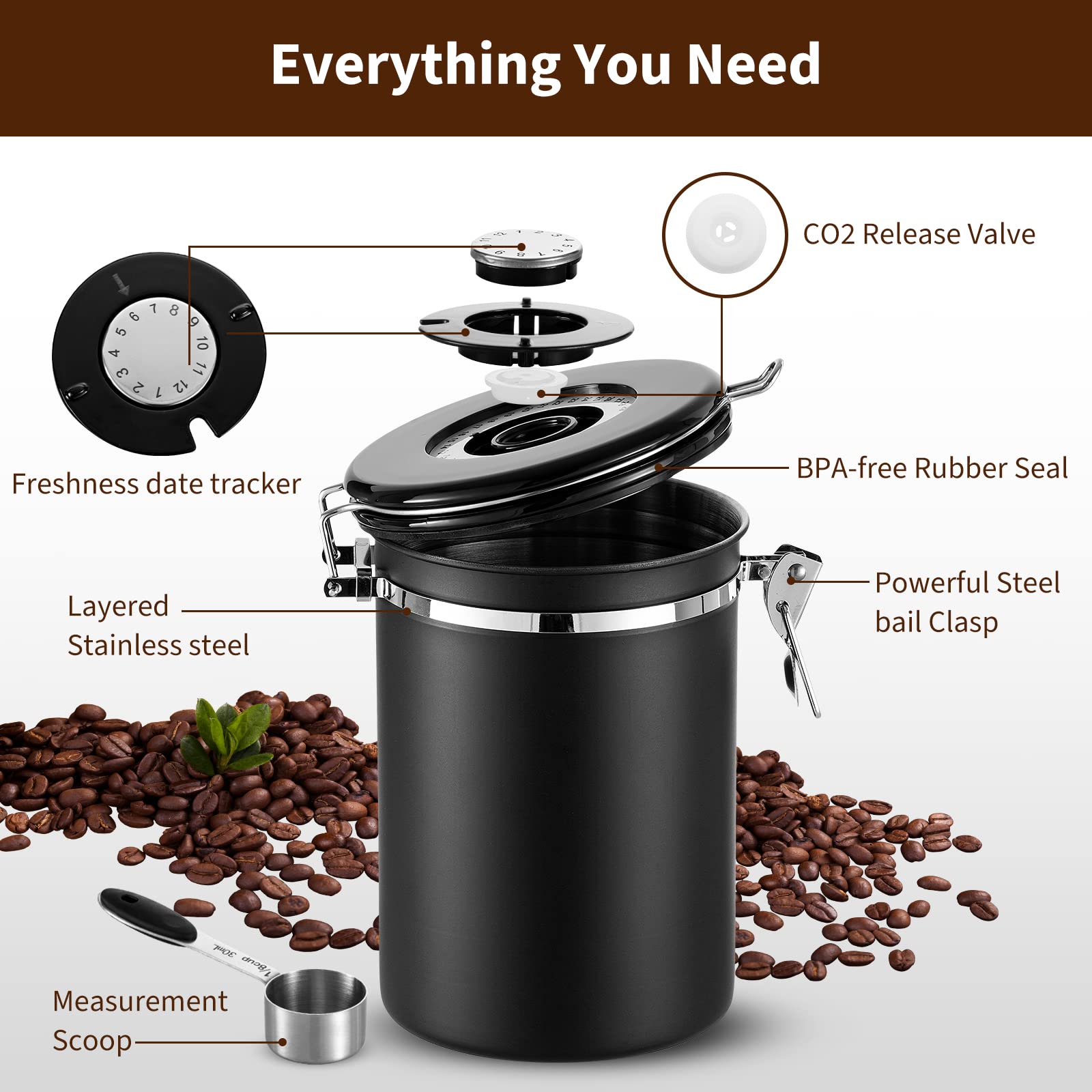 Airtight Coffee Canister, Stainless Steel Coffee Beans and Grounds Storage Container with Date Tracker, Scoop, 6Pcs CO2 Valves, for Beans, Grounds, Tea, Sugar, Black