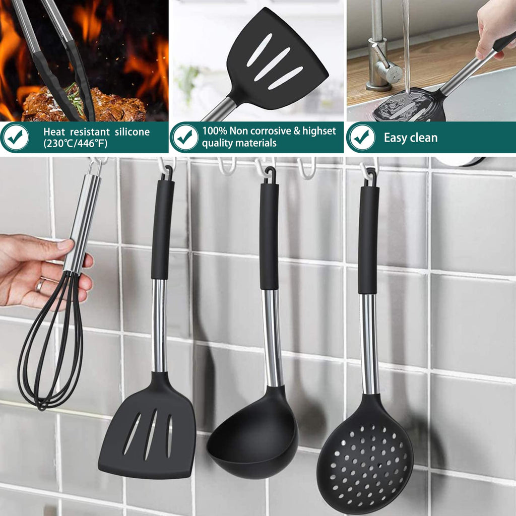 Silicone Cooking Utensil Set, Umite Chef 15pcs Silicone Cooking Kitchen Utensils Set, Non-Stick Heat Resistant - Best Kitchen Cookware with Stainless Steel Handle - Black