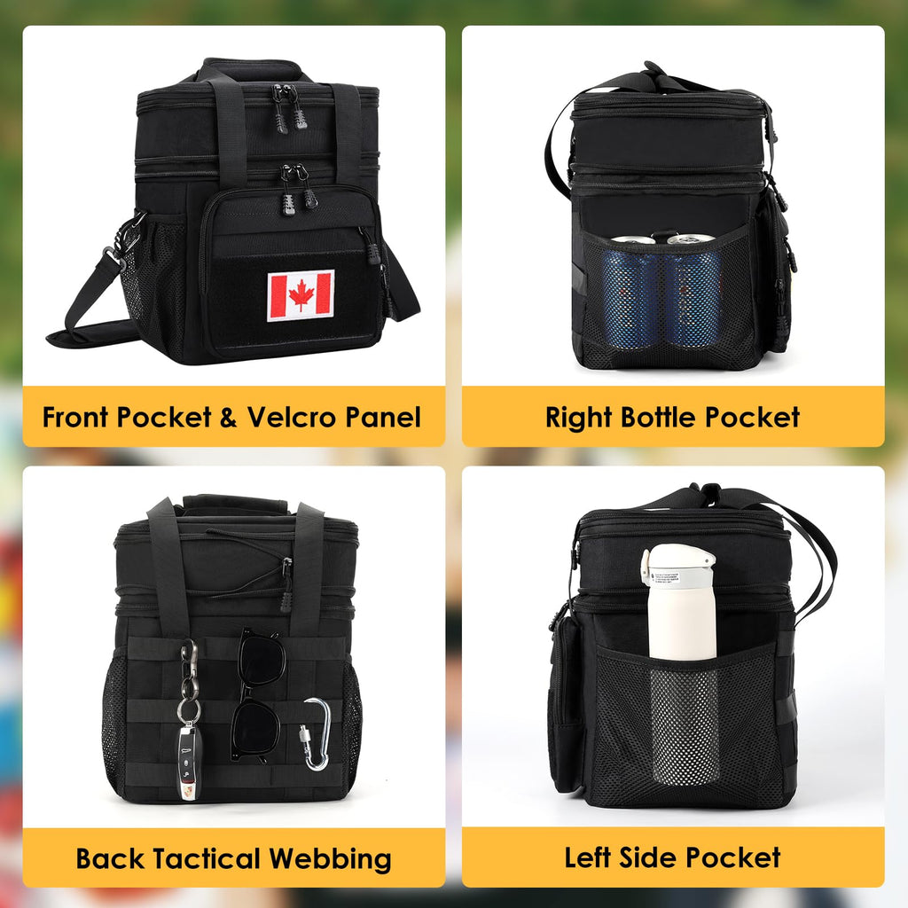 Large Expandable Tactical Lunch Bag for Men, Durable Insulated Leakproof Lunch Box, Heavy Duty Cooler Bag for Work Outdoor Picnic Travel Office Adults, Black, 15L