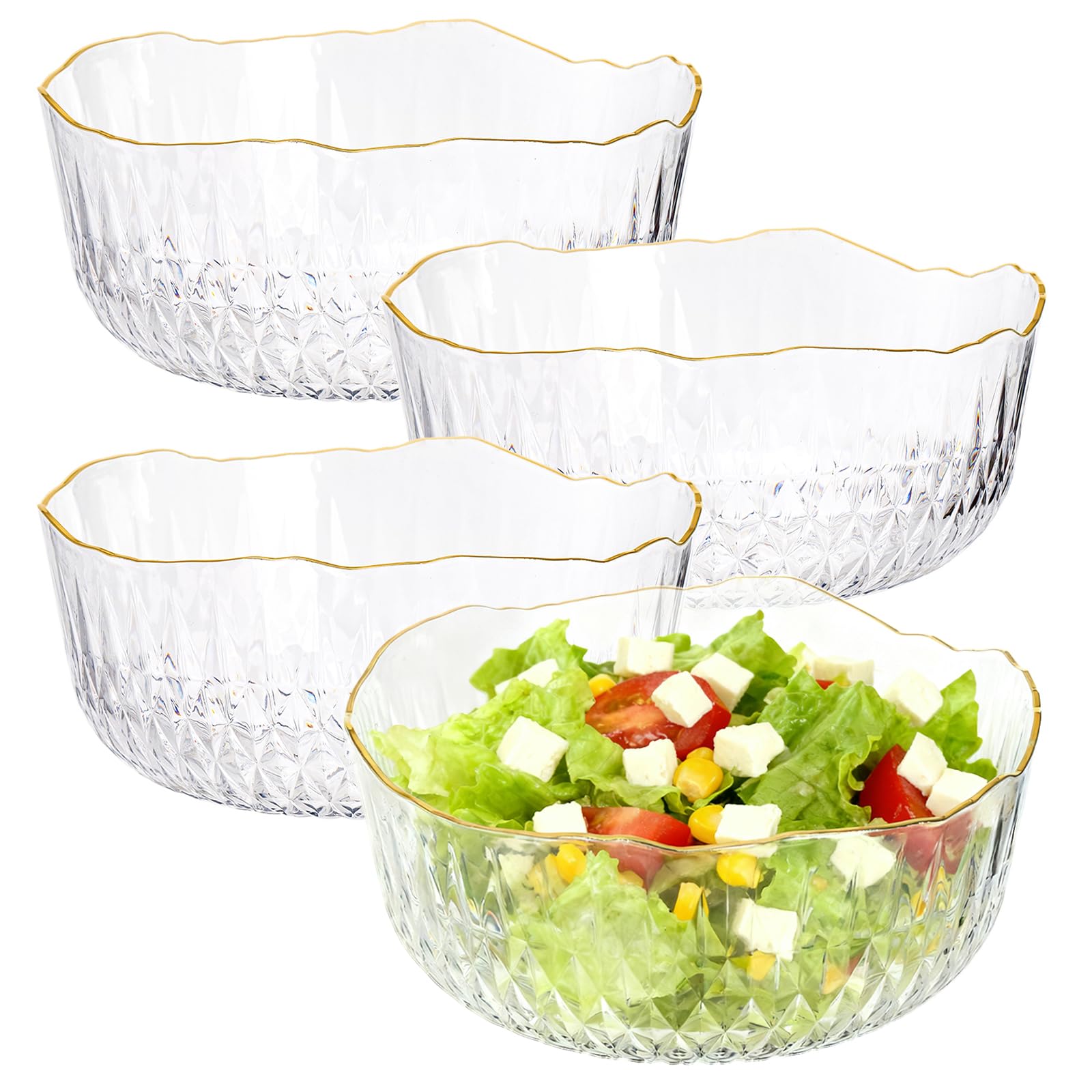 Frcctre 4 Pack Clear Plastic Serving Bowls, 70 Ounce Crystal Salad Mixing Bowl, 9 Inch Round Plastic Bowls Catering Bowls for Party, Salad, Fruit, Snack, Chip, Popcorn