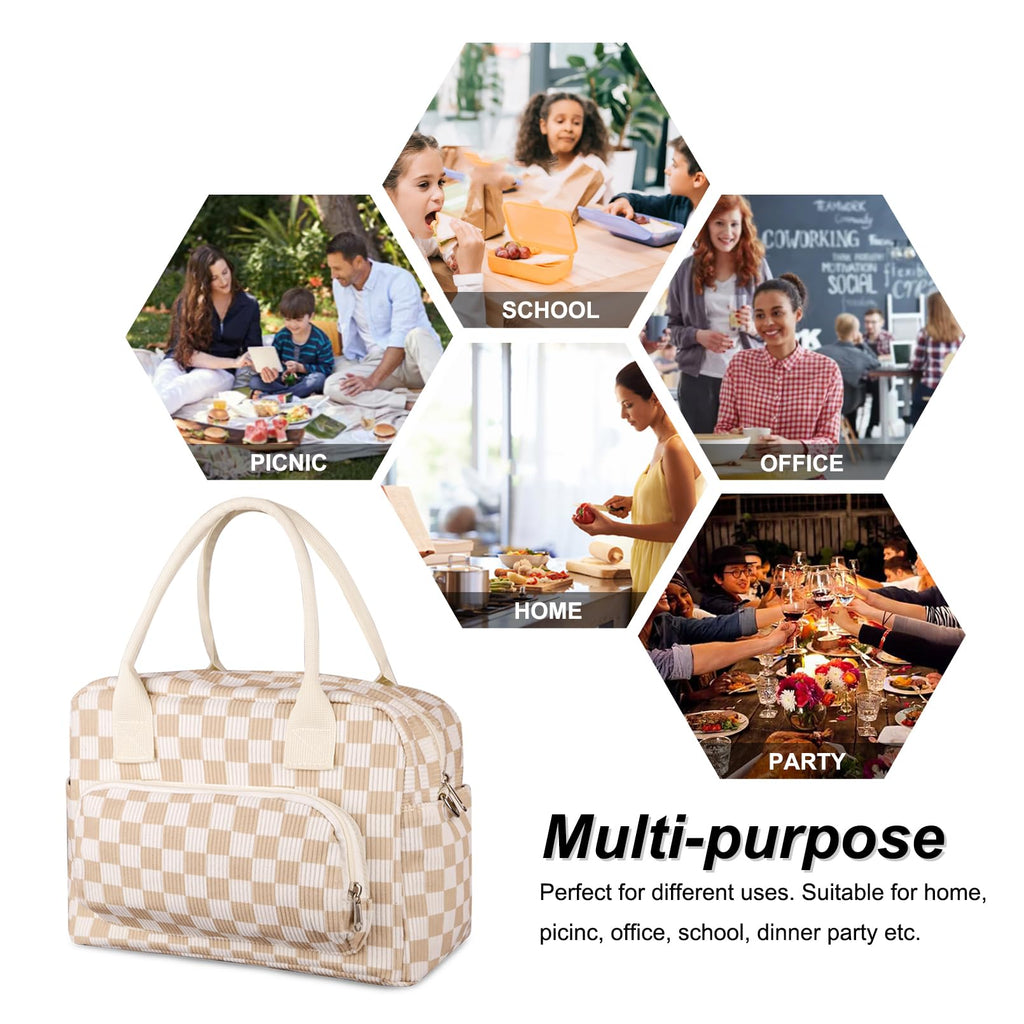 FITDON Insulated Lunch Bag for Women Men, Large Lunch Box Container Leakproof Corduroy Cooler Bag Lunch Tote Bag for Work Picnic, Light Checkerboard