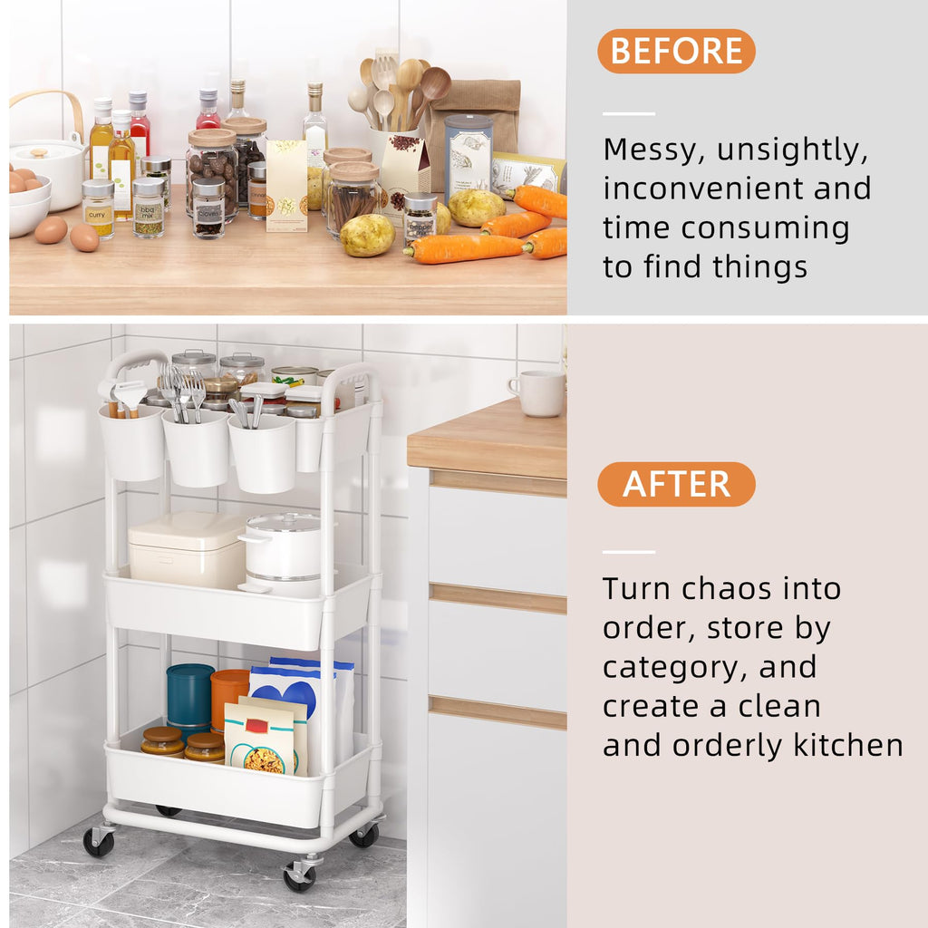 JIUYOTREE 3-Tier Plastic Rolling Storage Cart Utility Cart with Extra Hanging Cups Handles Lockable Wheels for Living Room Bathroom Kitchen Office White