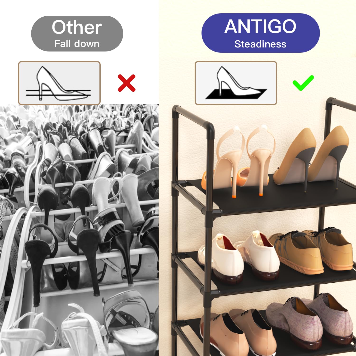 Shoe Rack, 10 Tier Tall Shoe Storage Organizer for Closet Entryway, 20-24 Pairs Narrow Metal Shoe Stand Shelf Holder Space Saving（Black）