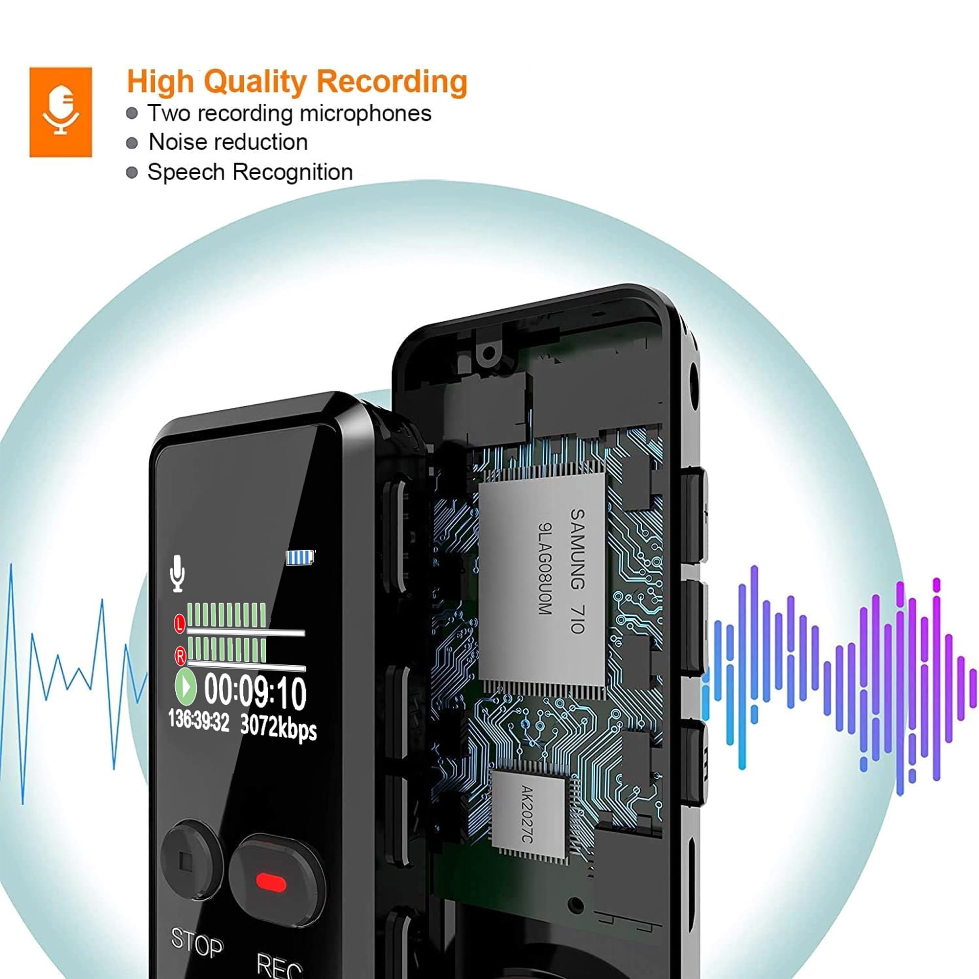 Liebssen Digital Voice Recorder with Playback, Enhanced Audio Dictaphone with One Touch, 8G 1536Kbps HD Recording Noise Reduction USB Charge MP3 Player Recorder for Lecture Interview Meeting