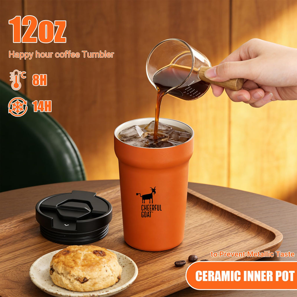 CHEERFUL GOAT Ceramic Lined Coffee Travel Mug – Stainless Steel Travel Coffee Tumbler with Ceramic Liner, with lid, 12oz Coffee Cup for Hot and Cold Water Coffee at Home, Office, or On the Go (Orange)
