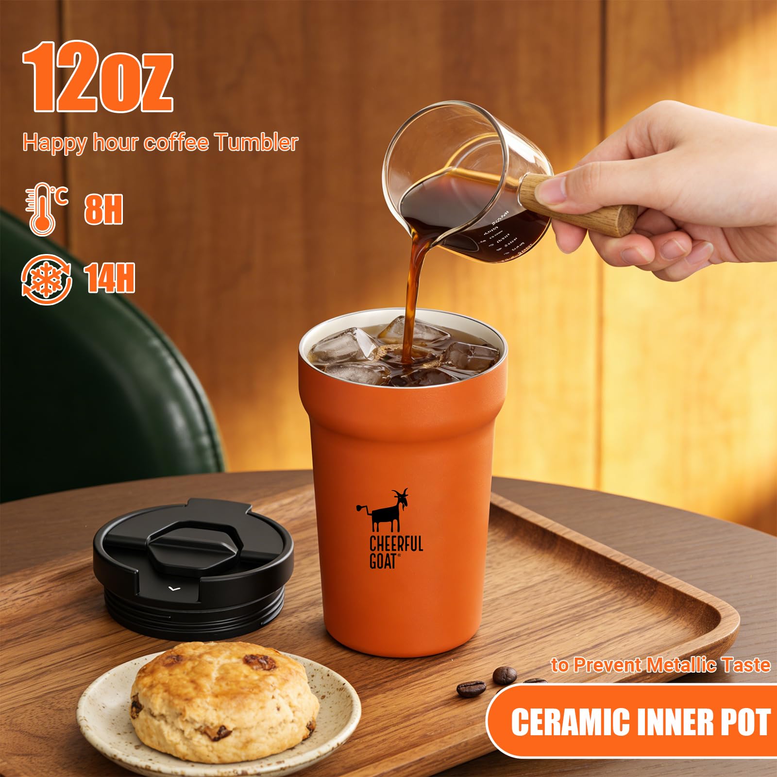 CHEERFUL GOAT Ceramic Lined Coffee Travel Mug – Stainless Steel Travel Coffee Tumbler with Ceramic Liner, with lid, 12oz Coffee Cup for Hot and Cold Water Coffee at Home, Office, or On the Go (Orange)
