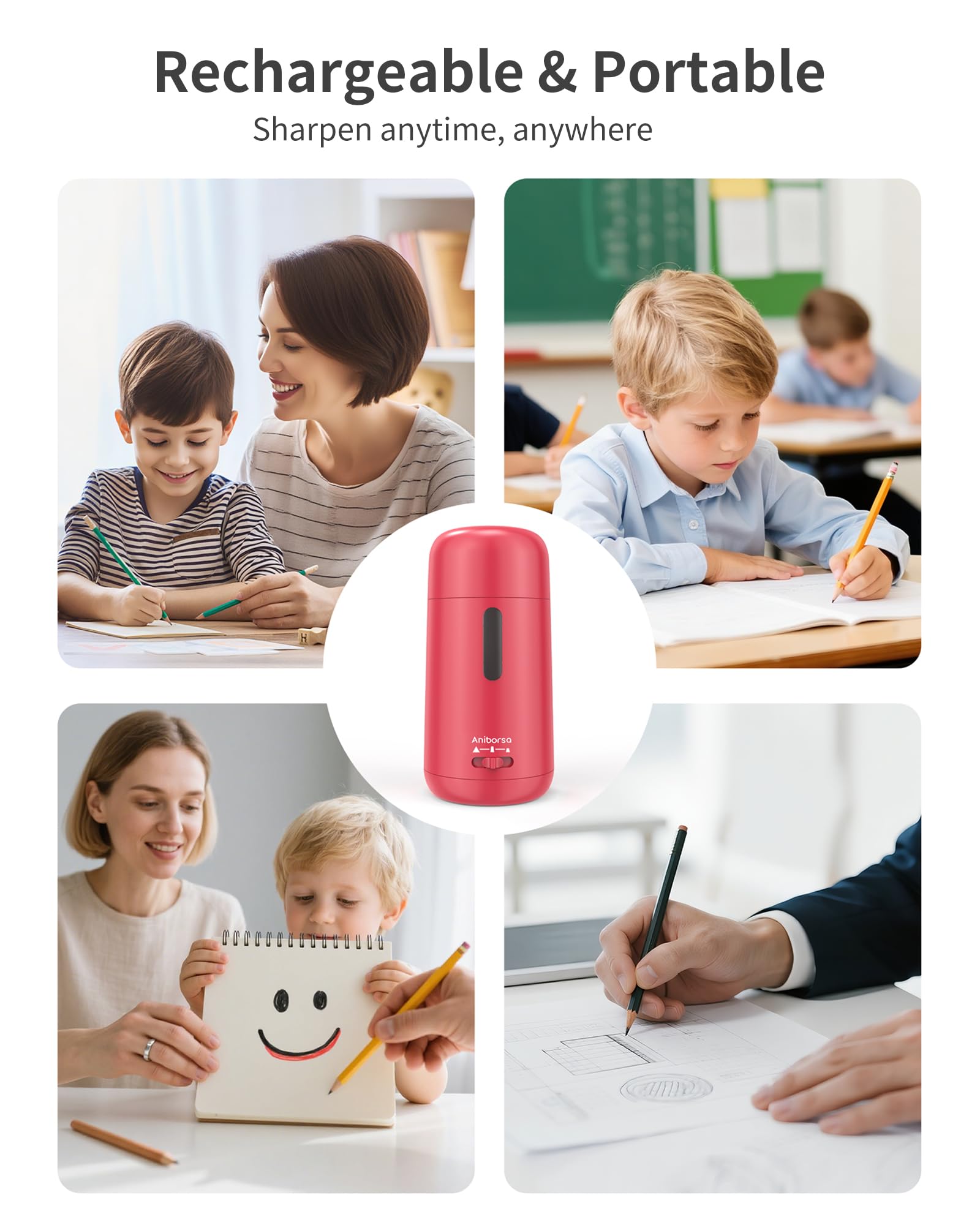Aniborsa Automatic Electric Pencil Sharpener - Auto Feed, Auto Stop & Auto Eject for School, Office, Home, Rose Red