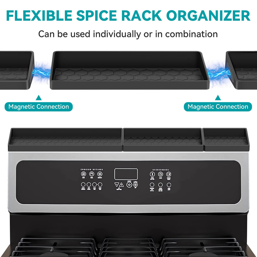 Homotte Stove Top Shelf - Silicone Magnetic Shelf for Kitchen Stove - Over Stove Spice Rack Organizer with 3 Detachable Functional Partitions - Adjustable Length of 20/24/30 Inch (Black)