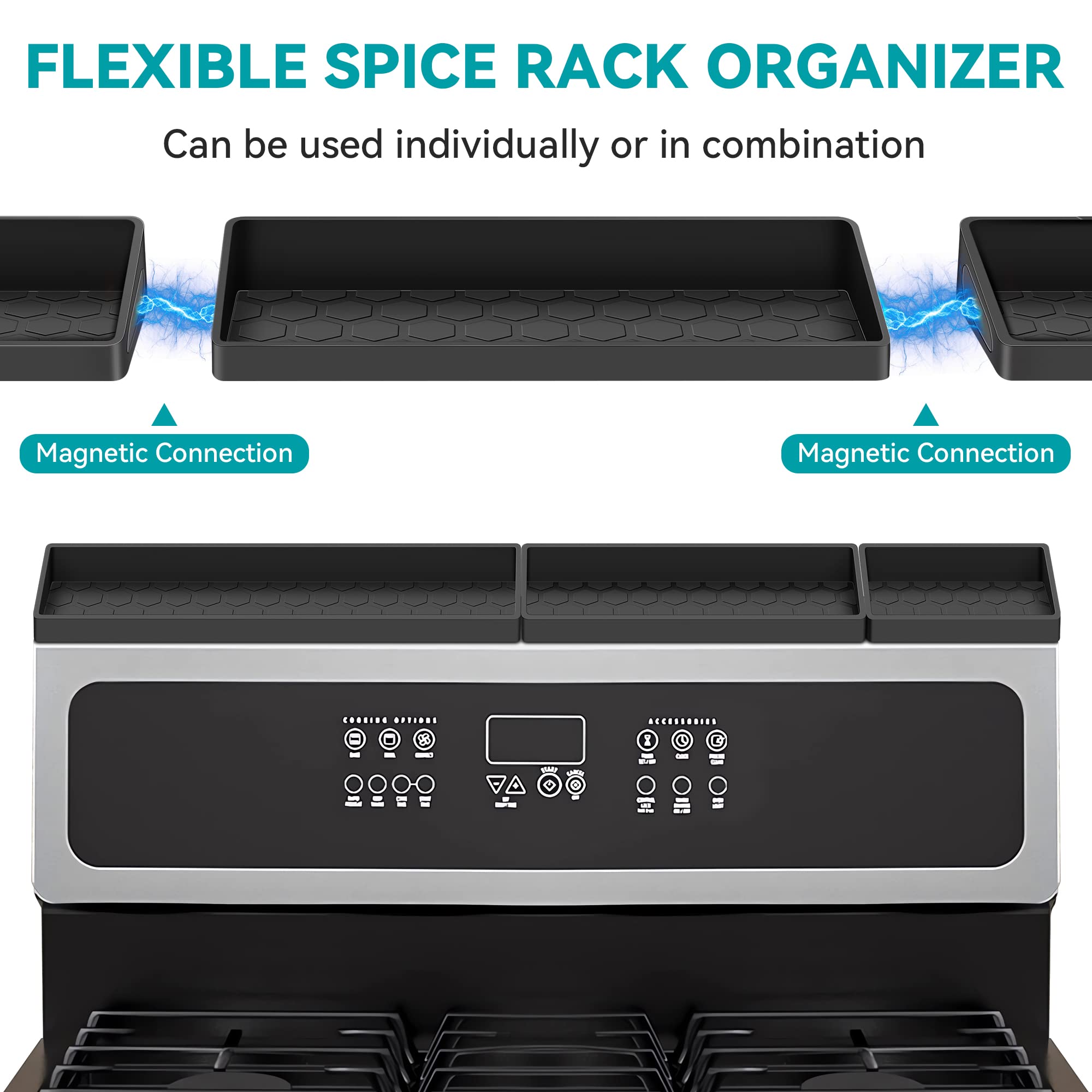 Homotte Stove Top Shelf - Silicone Magnetic Shelf for Kitchen Stove - Over Stove Spice Rack Organizer with 3 Detachable Functional Partitions - Adjustable Length of 20/24/30 Inch (Black)