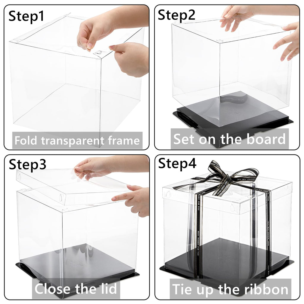 Cididu 6 Pack Clear Cake Box with Ribbon, 2-Layer Tall Cake Carrier Boxes, Packaging Boxes 10x10x9 Inch, PET Clear Gift Box with Lid, Transparent Cake Containers for Birthday Party Wedding