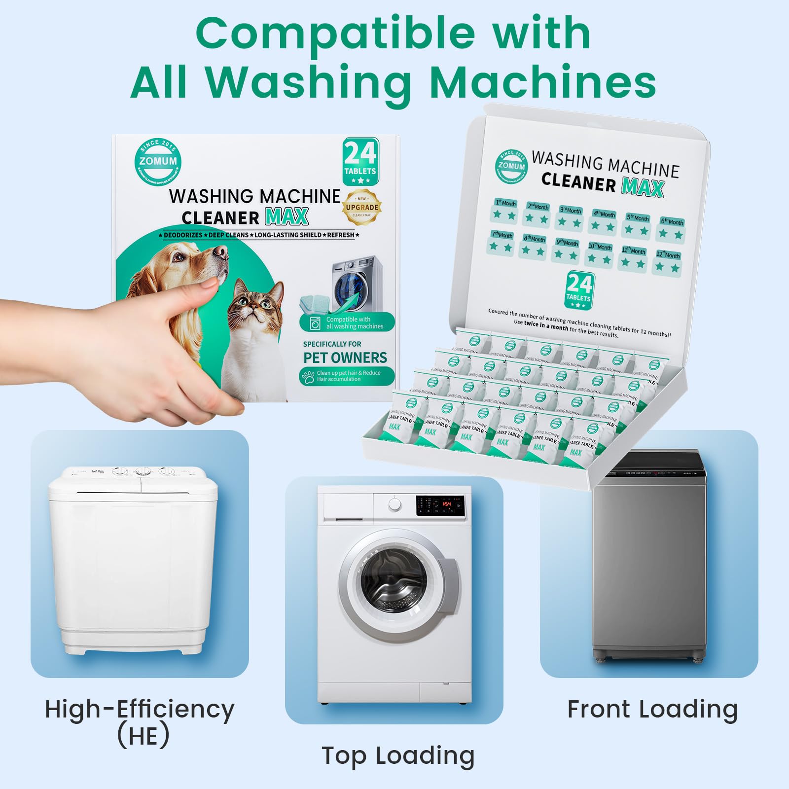 Upgrade Washing Machine Cleaner Tablets - 50% Stronger Formula: 24 Pack - 12 Month Supply, Specially for Pet Owners to Easy Pet Hair Remover for Laundry, Compatible with HE, Top & Front Load