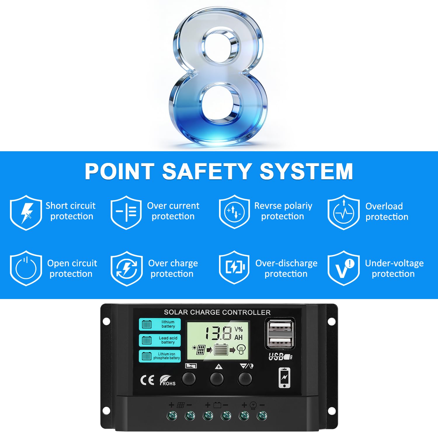 2 Packs 30A Solar Battery Charge Controller 12V 24V PWM Charger Auto Intelligent Regulator with Dual USB Ports/LCD Display/Adjustable Parameter/Timer Setting/Multiple Load Modes and Protections Black