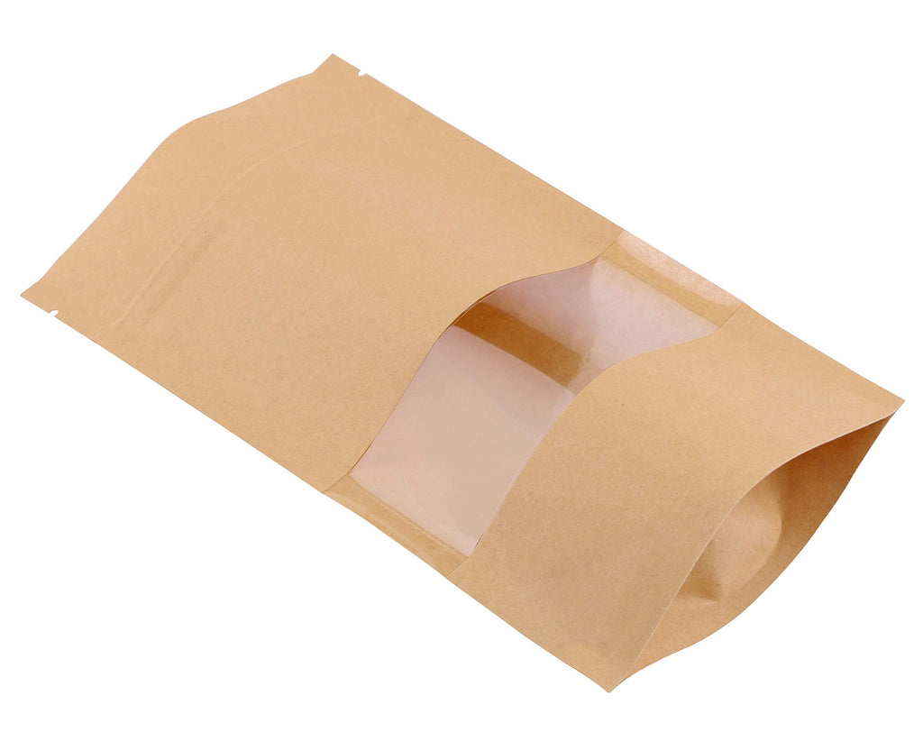 Kraft Zip Lock Stand Up Food Bags, Katfort 100pcs Kraft Bags Pouches with Window & Tear Notch, 7.8''×4.6'' Food Saver Food Storage Bags Paper Party Gift Favor Wrap for Candy, Coffee Beans Nuts
