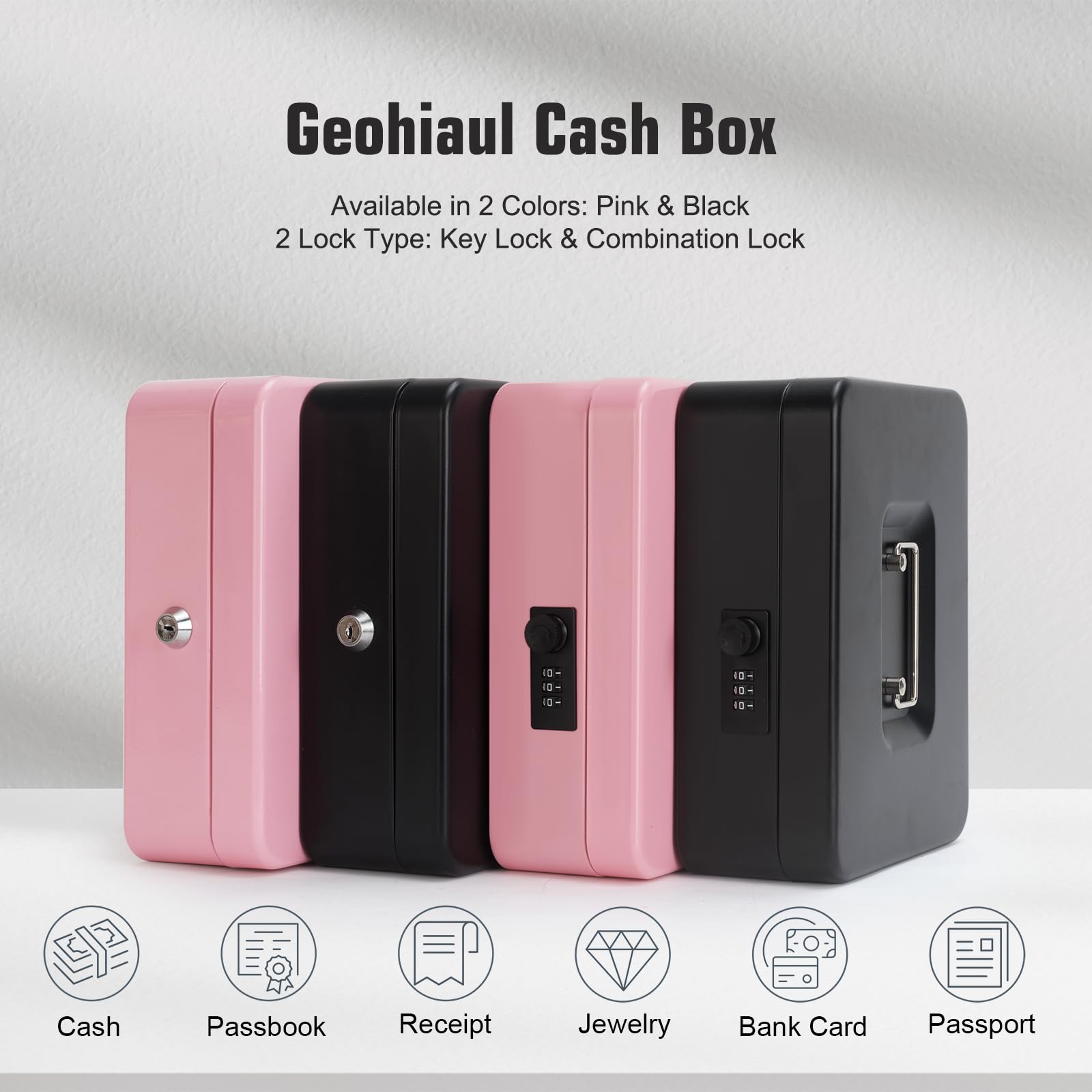 Cash Box with Money Tray and Lock, Large Metal Lock Box for Money Safe 9.84 x 7.87 x 3.54 Inches - Black